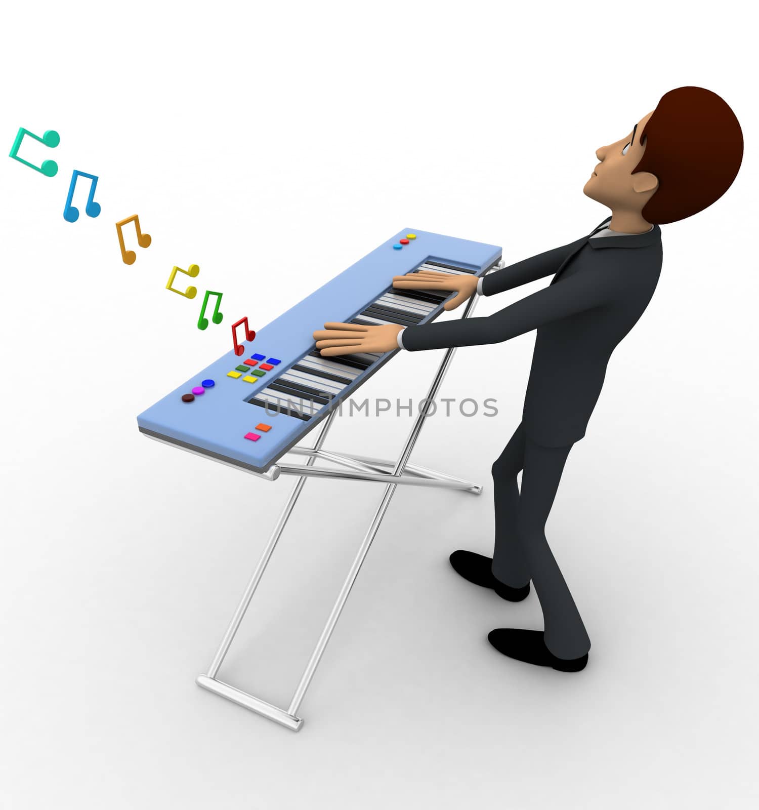 3d man play morden musical keyboard concept on white backgorund, side angle view
