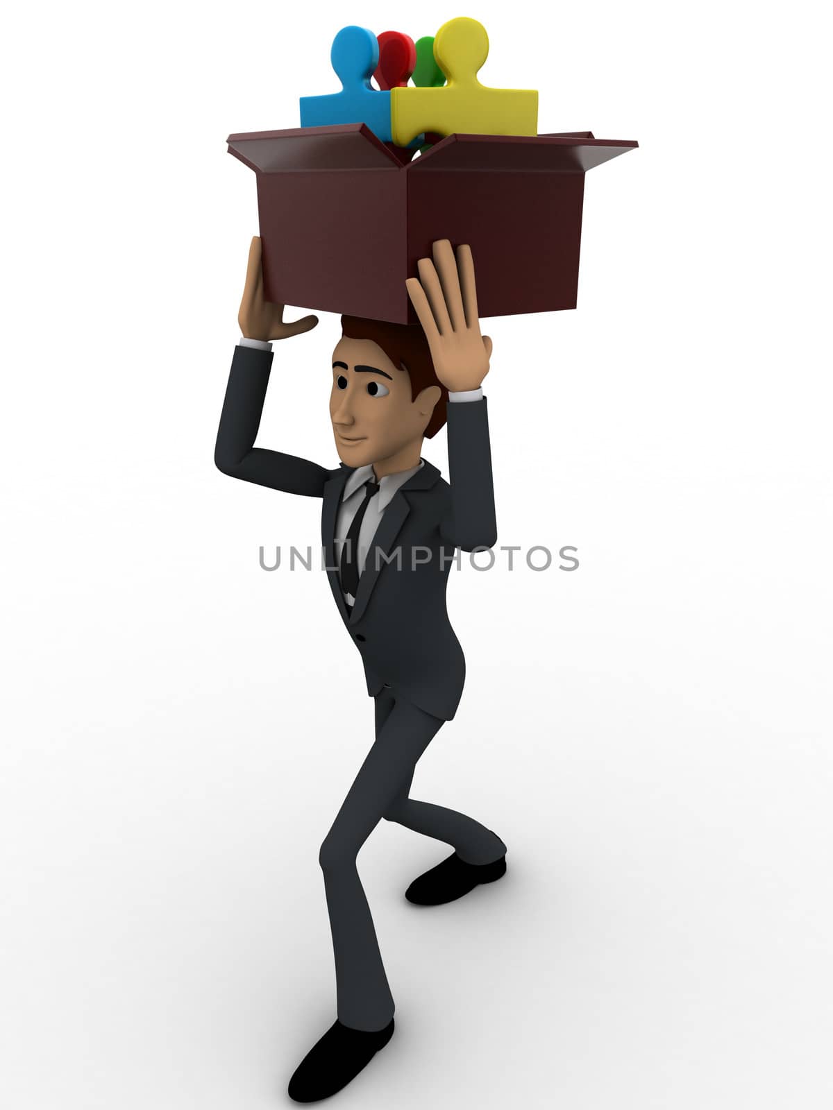 3d man holding box of puzzle pieces on head concept on white backgorund, side angle view