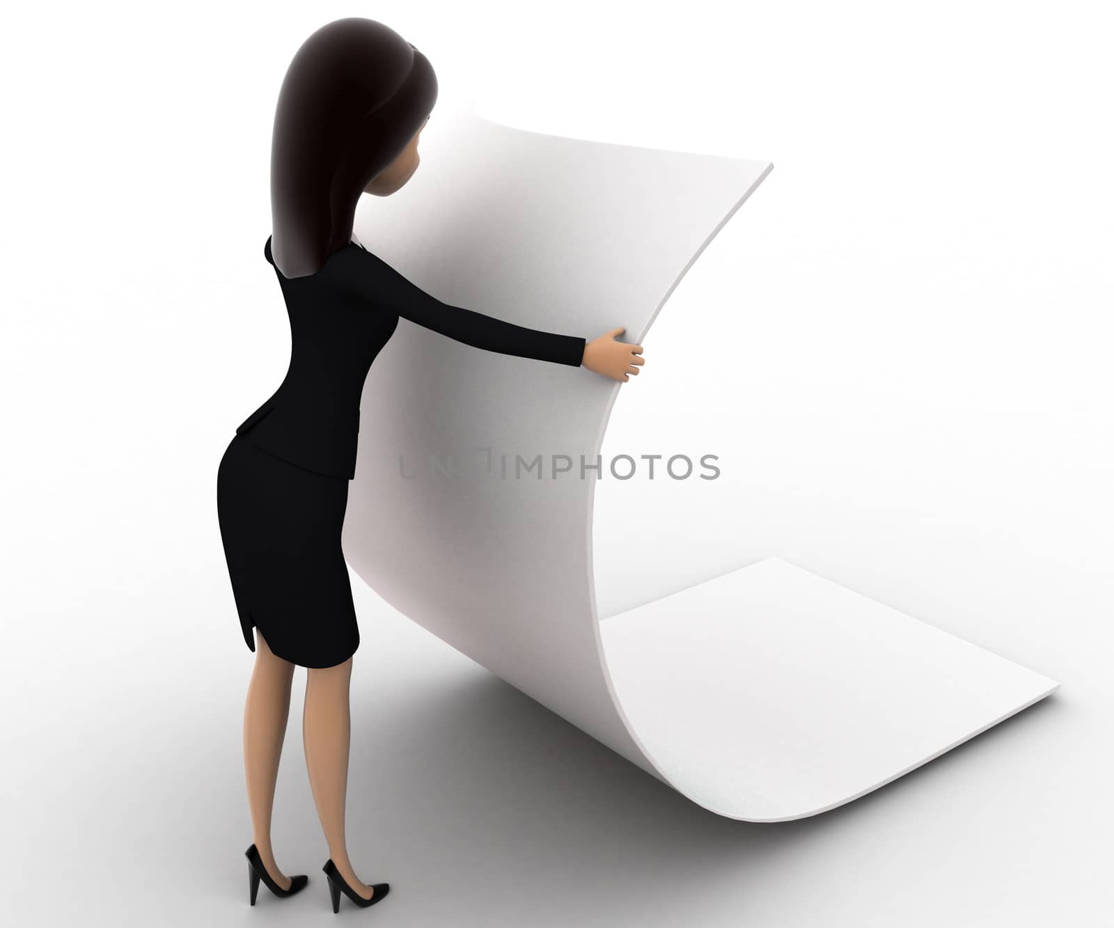 3d woman reading big blank paper concept on white background, side  angle view