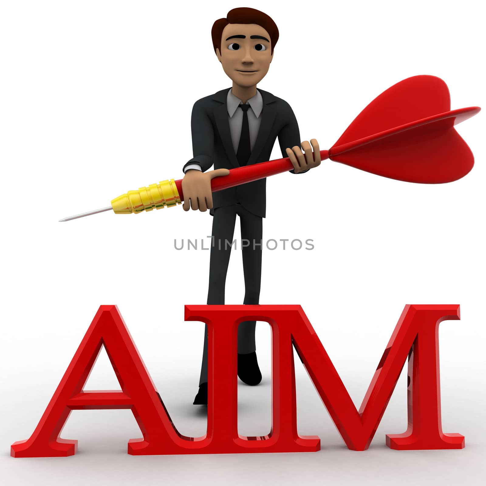 3d man holding dart in hands and with aim text concept on white backgorund, front angle view