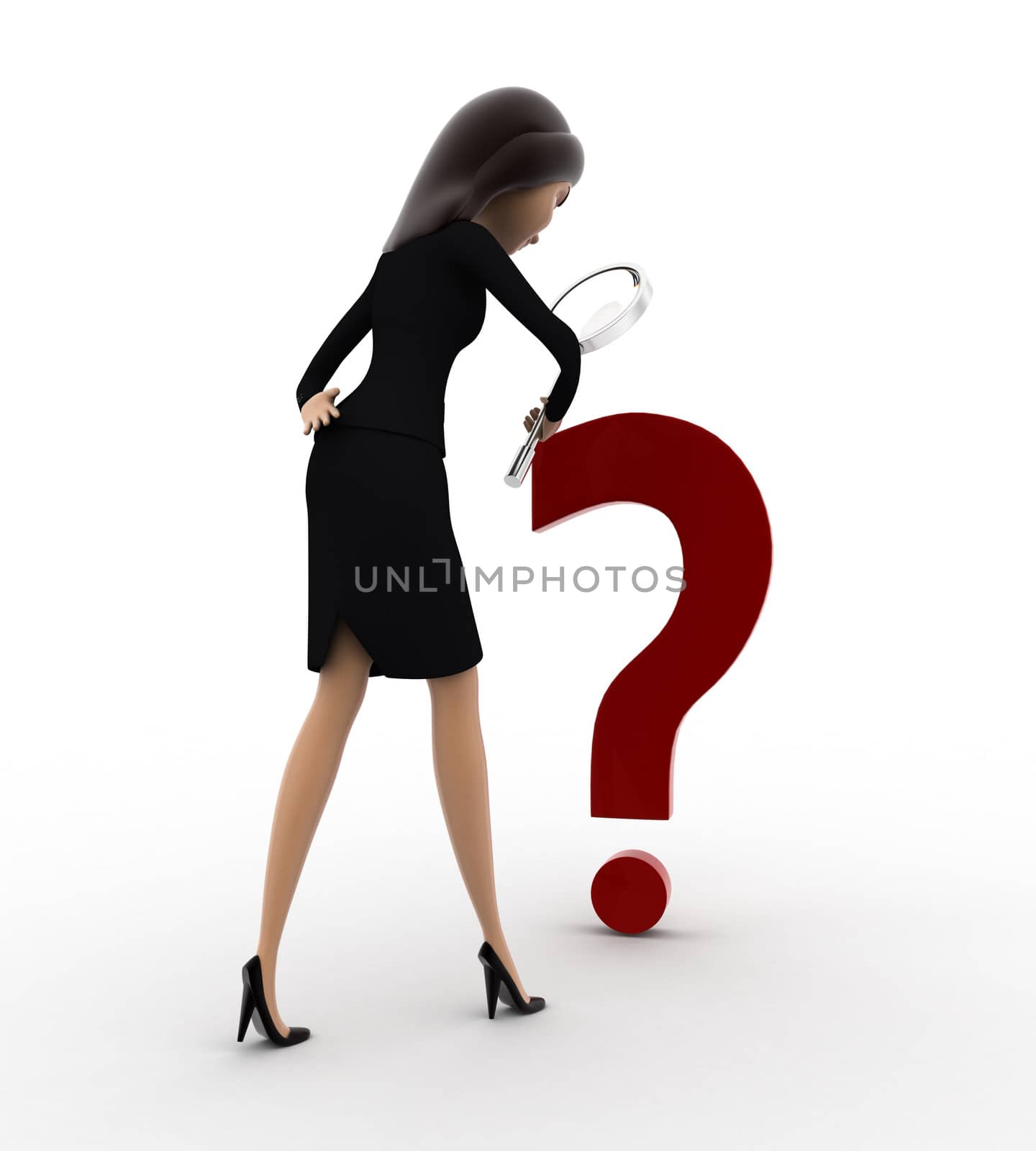 3d woman examine question mark using magnifying glass concept on white background, back angle view