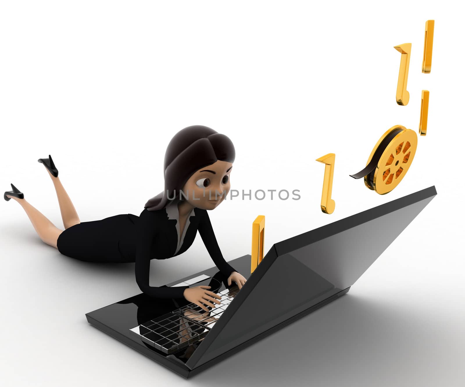 3d woman listening music and working on laptop concept by touchmenithin@gmail.com