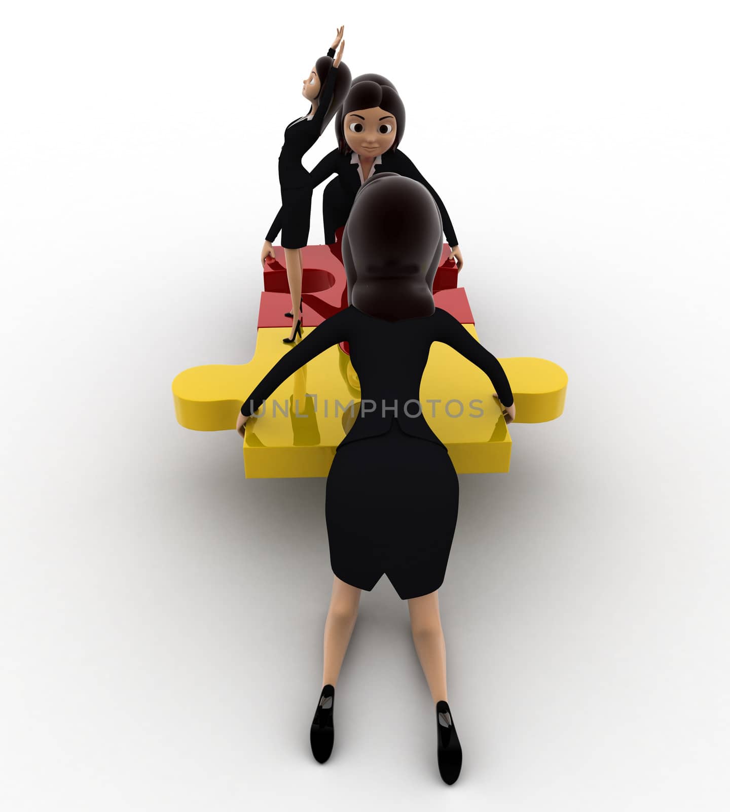 3d woman team solving puzzle concept on white background, side  angle view