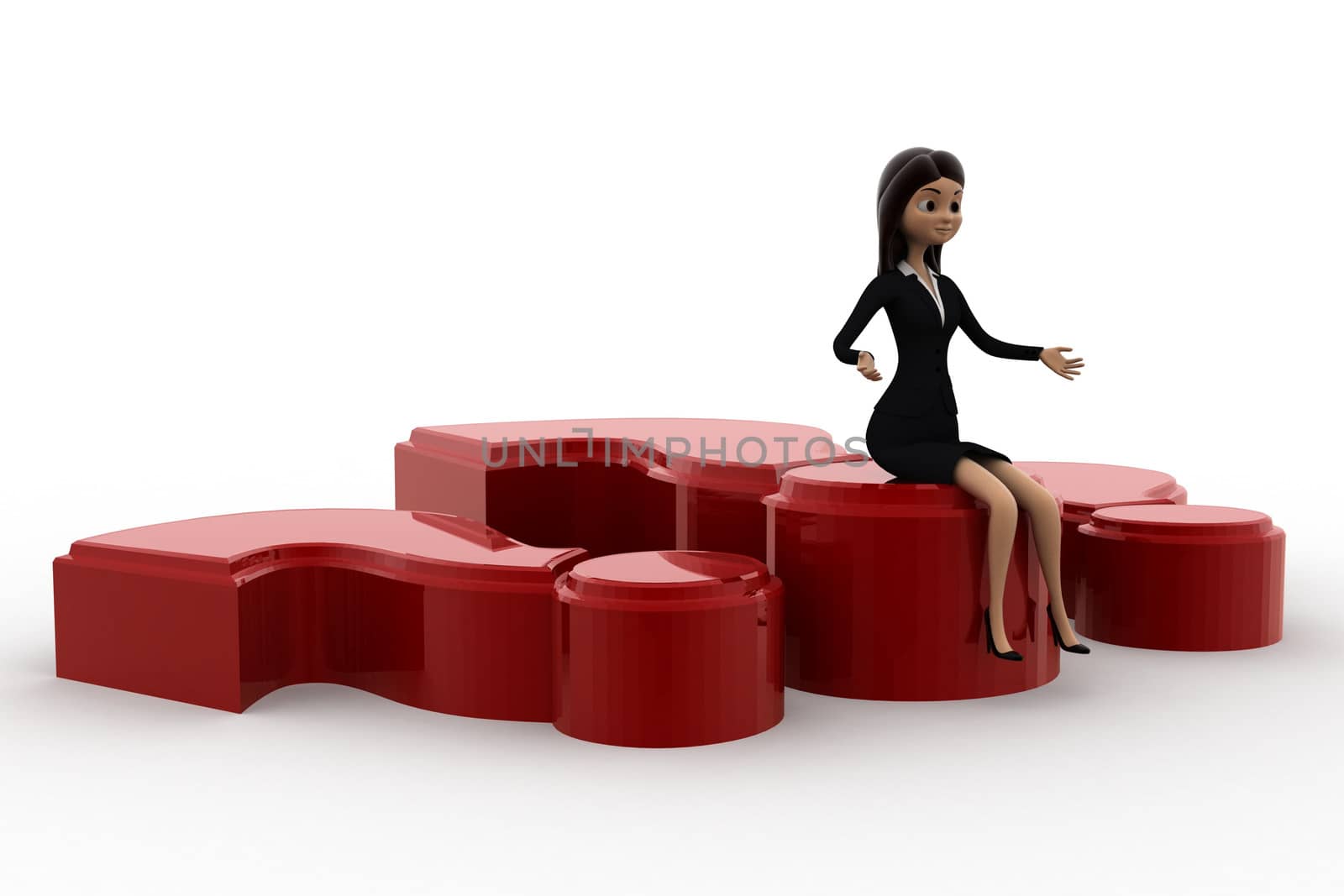 3d woman sitting on big red question makr concept by touchmenithin@gmail.com