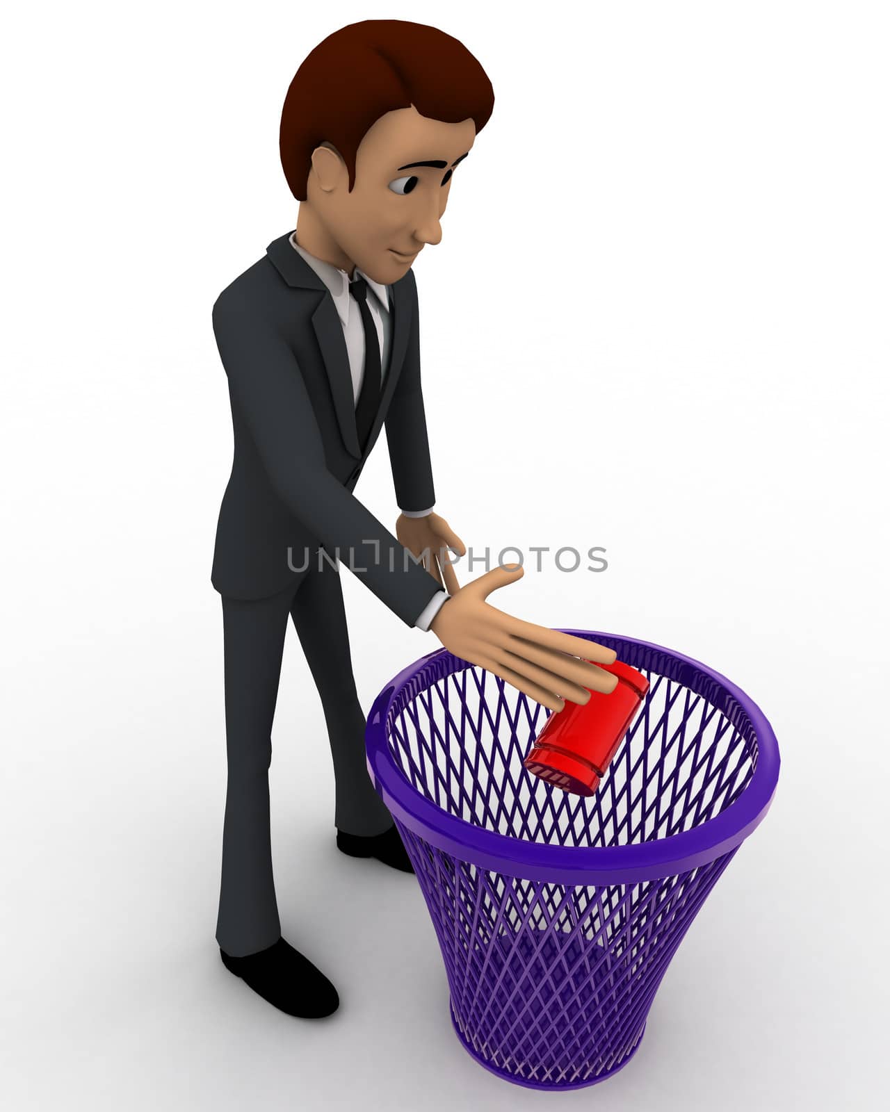 3d man throughing waste in dustbin concept on white backgorund, front angle view