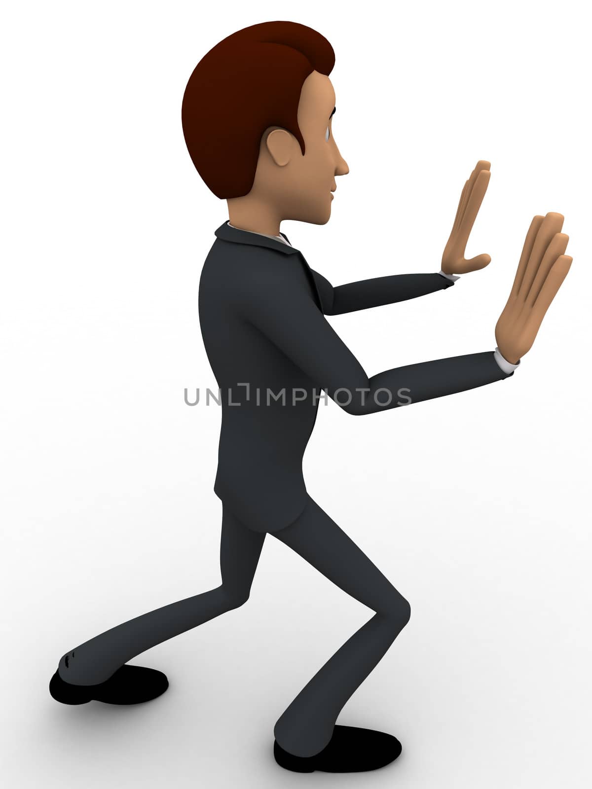 3d man stoping another  by showing hands concept on white backgorund, side angle view