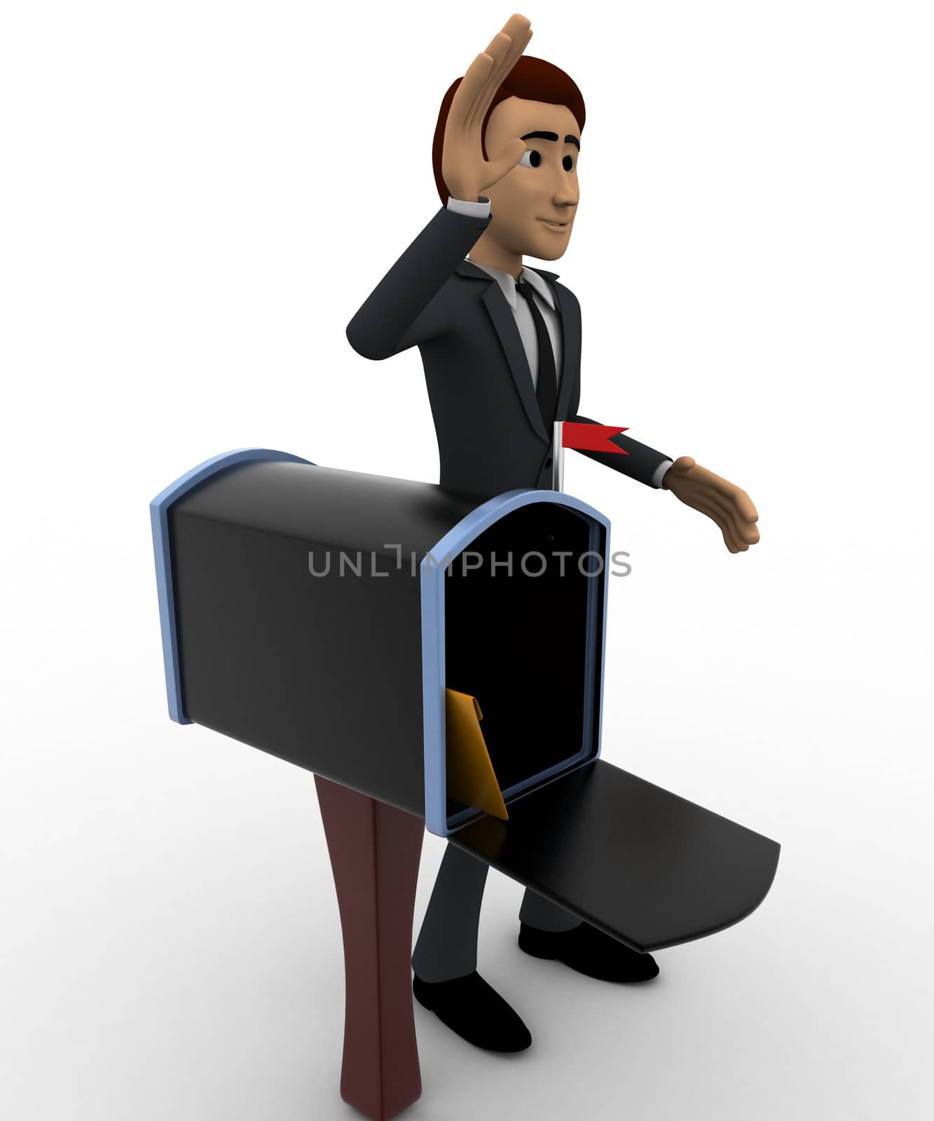 3d man with post box concept on white backgorund, side angle view