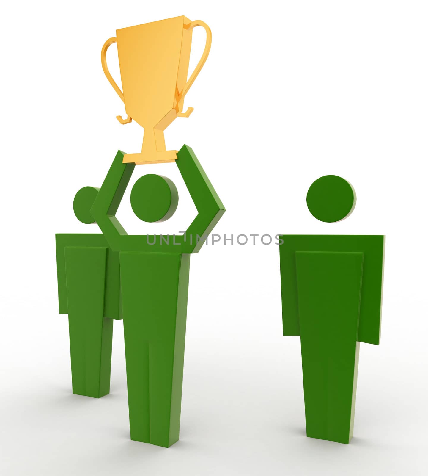 3d man holding award cup in hand concept on white backgorund, side angle view