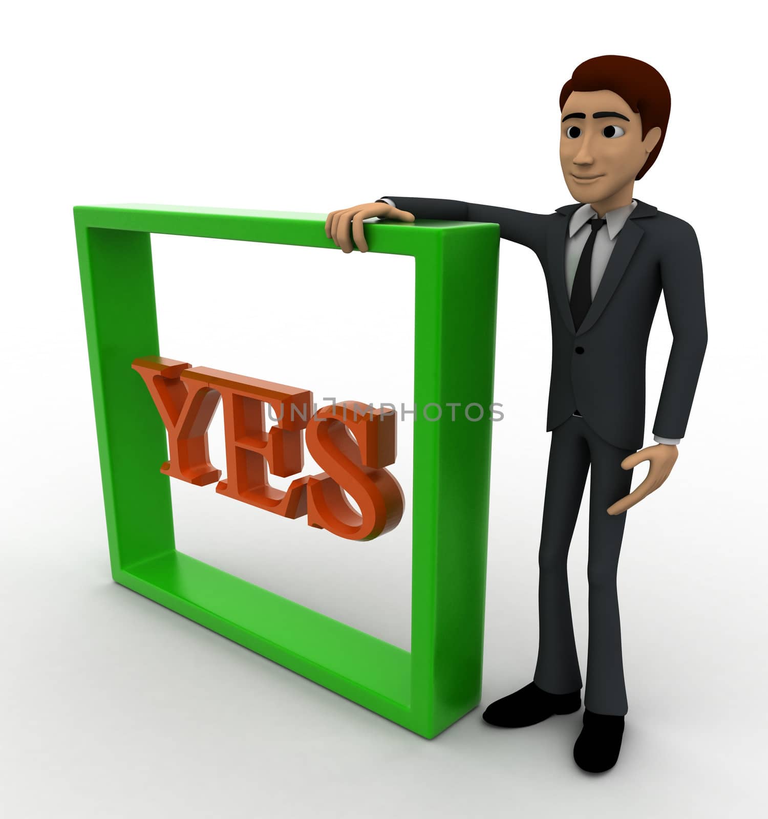 3d man with yes text and square box concept on white backgorund, side angle view