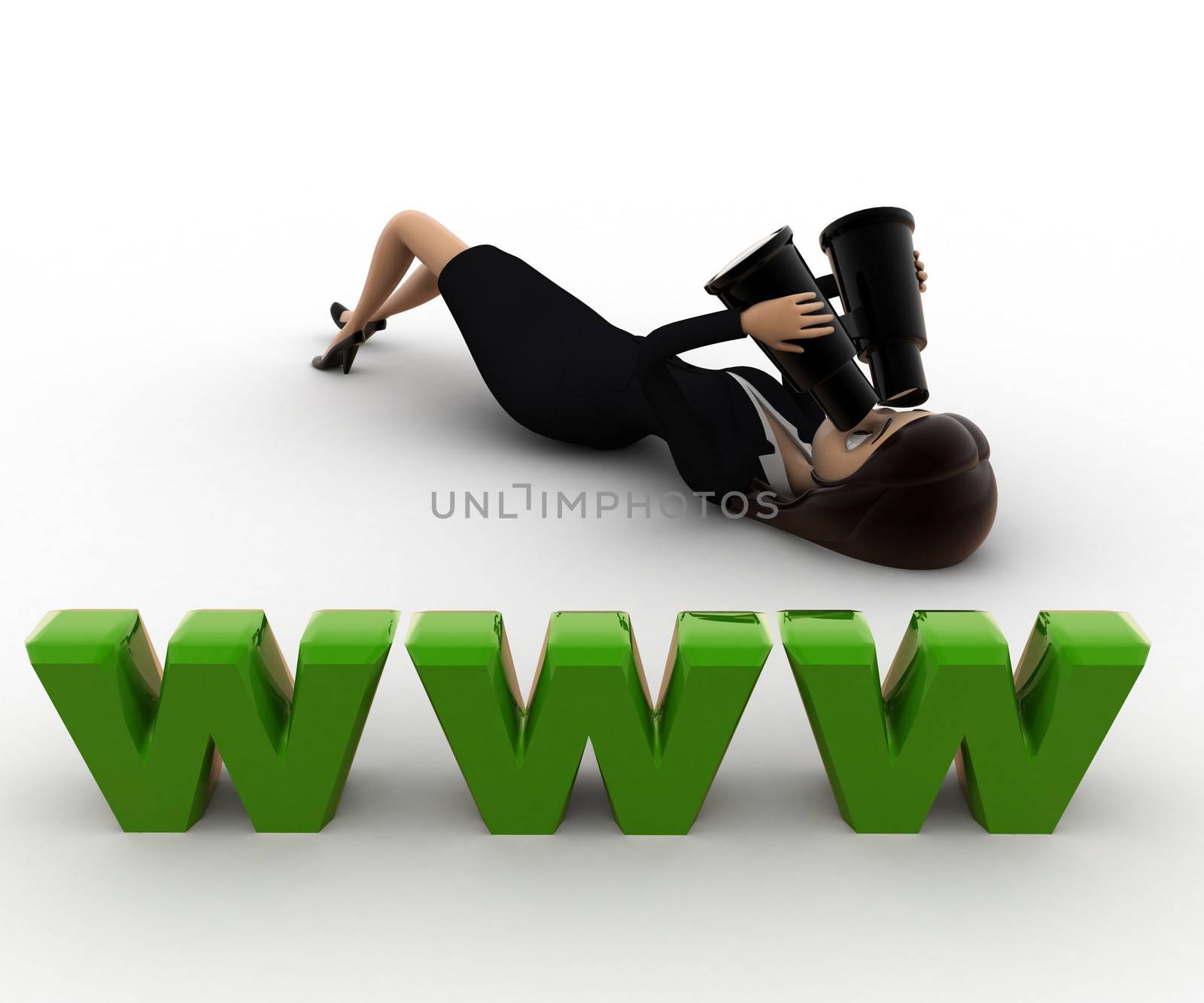 3d woman lying on floor and looking for website thourgh binocular concept on white background, front angle view