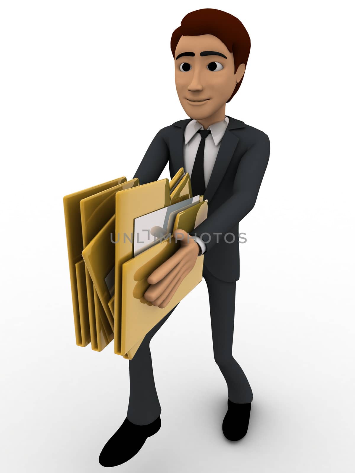 3d man holding file folders in hand concept on white backgorund, front angle view