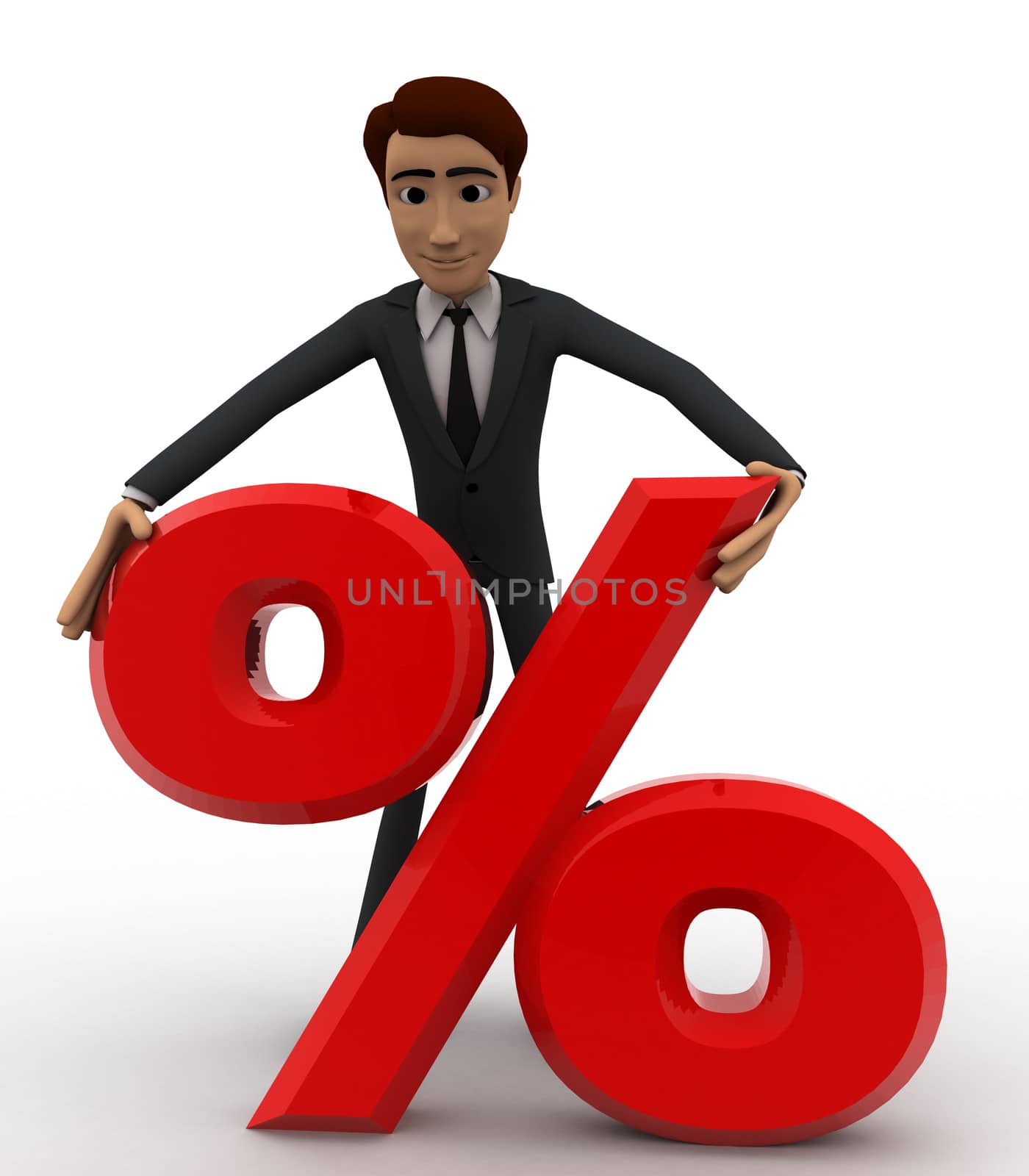 3d man holding red percent symbol in hand concept on white backgorund, front angle view