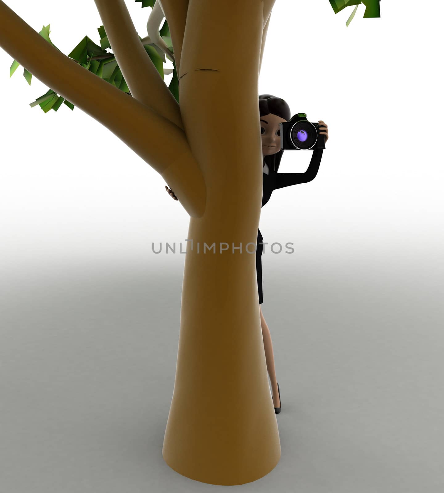 3d woman taking photograph from behide three concept on white background, front angle view