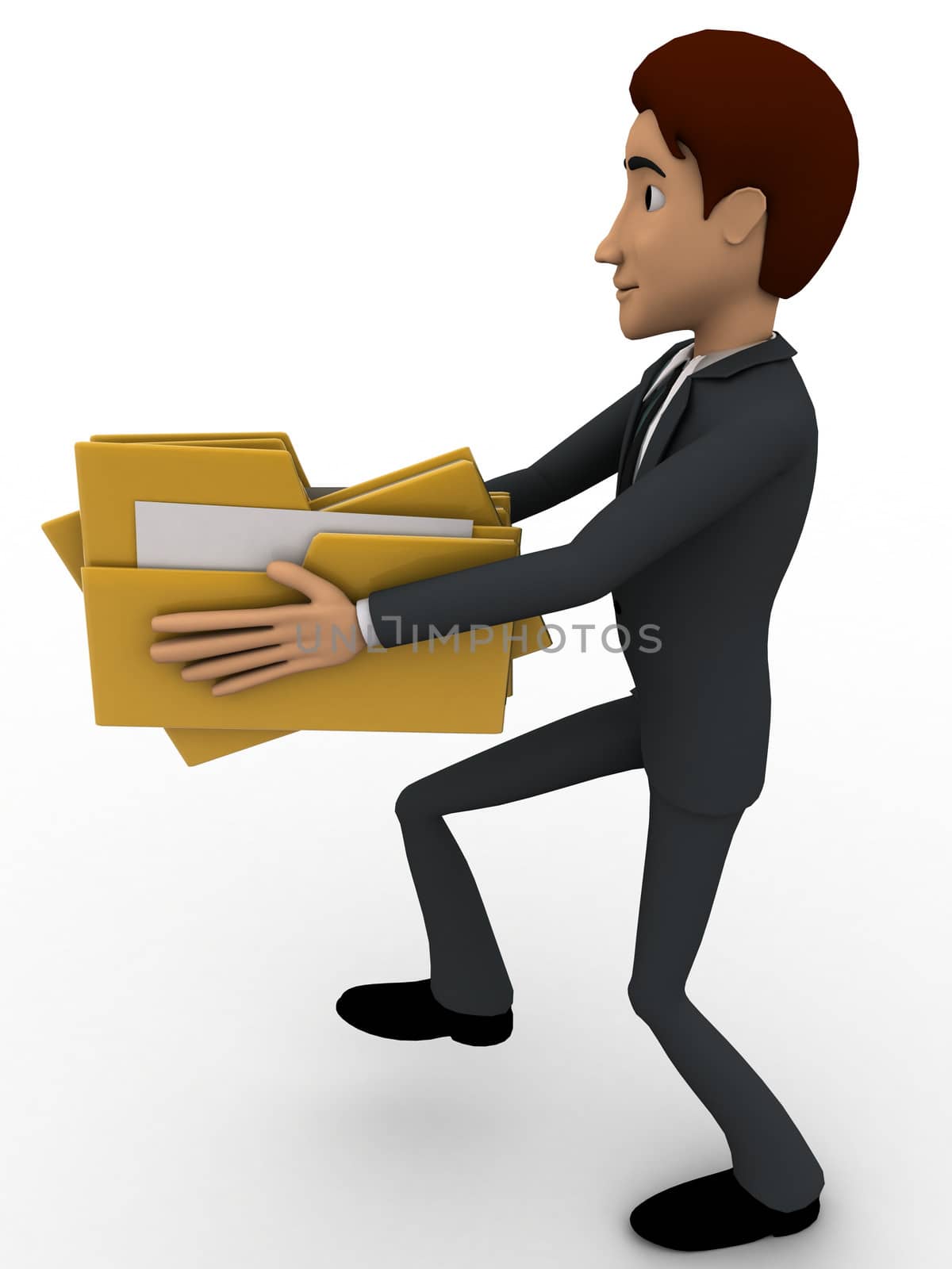 3d man holding file folders in hand concept on white backgorund, side angle view