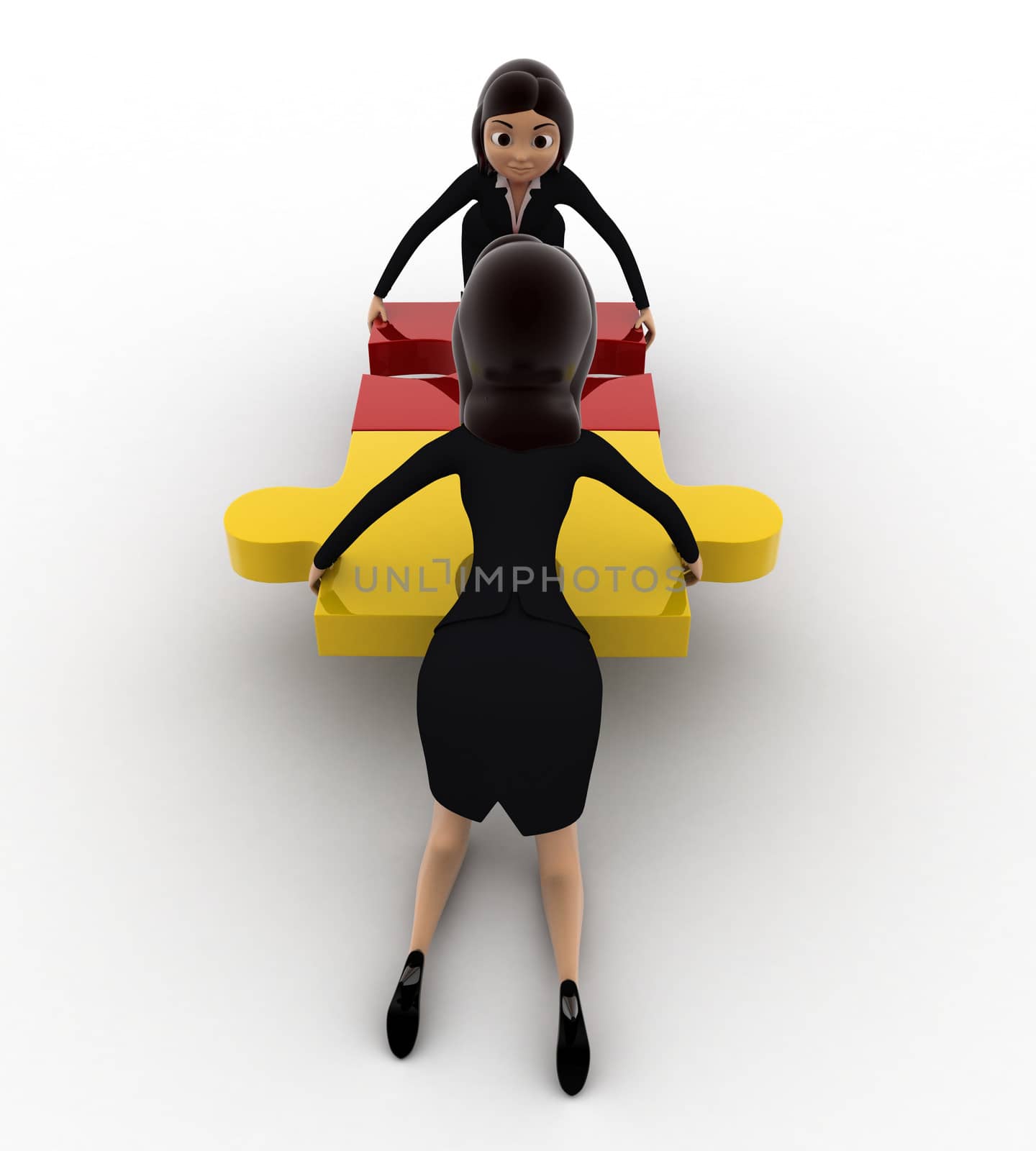 3d two women connect two puzzle pieces concept on white background, front angle view