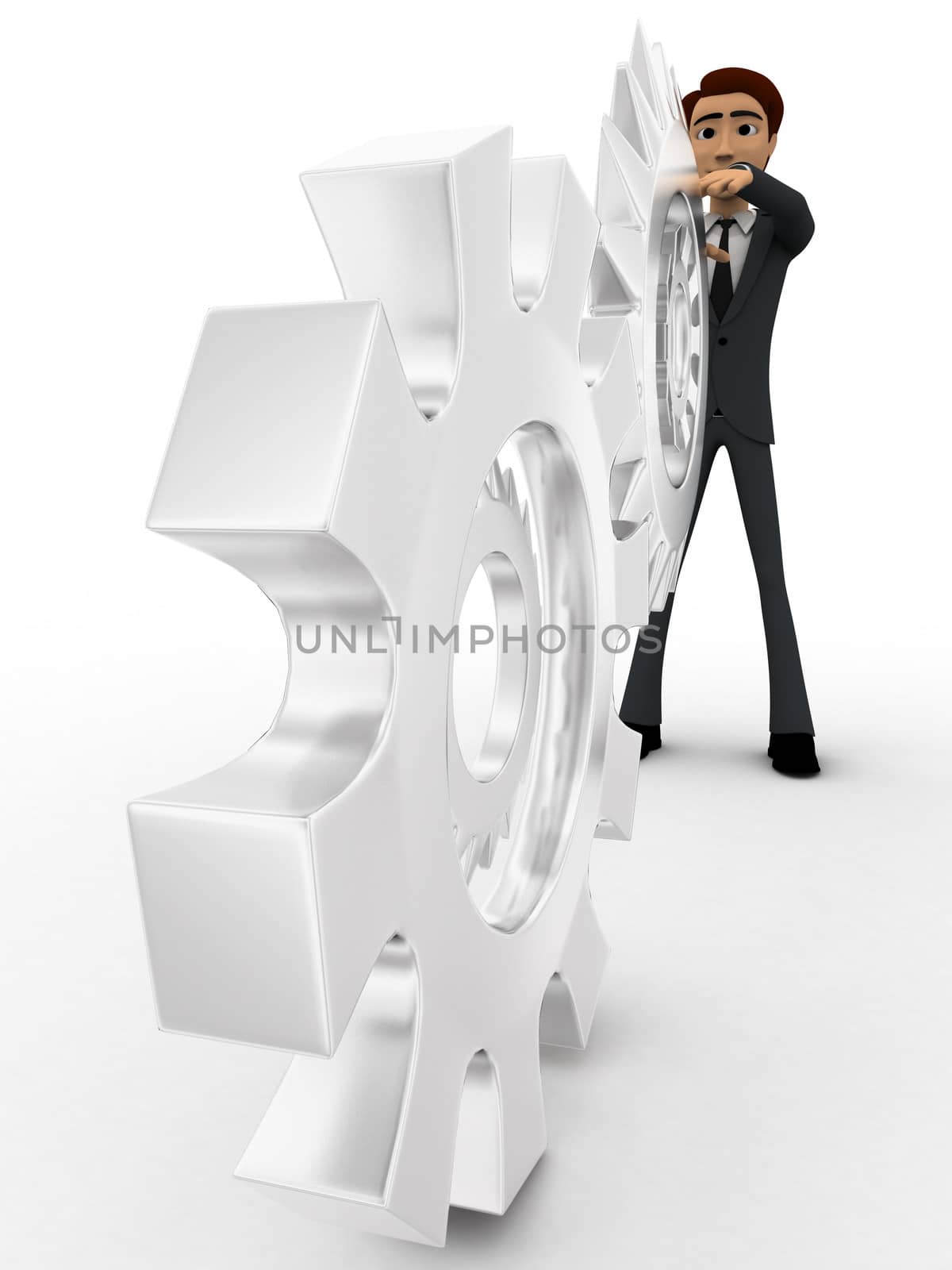 3d man with metalic mechanical cogwheel concept on white backgorund, front angle view
