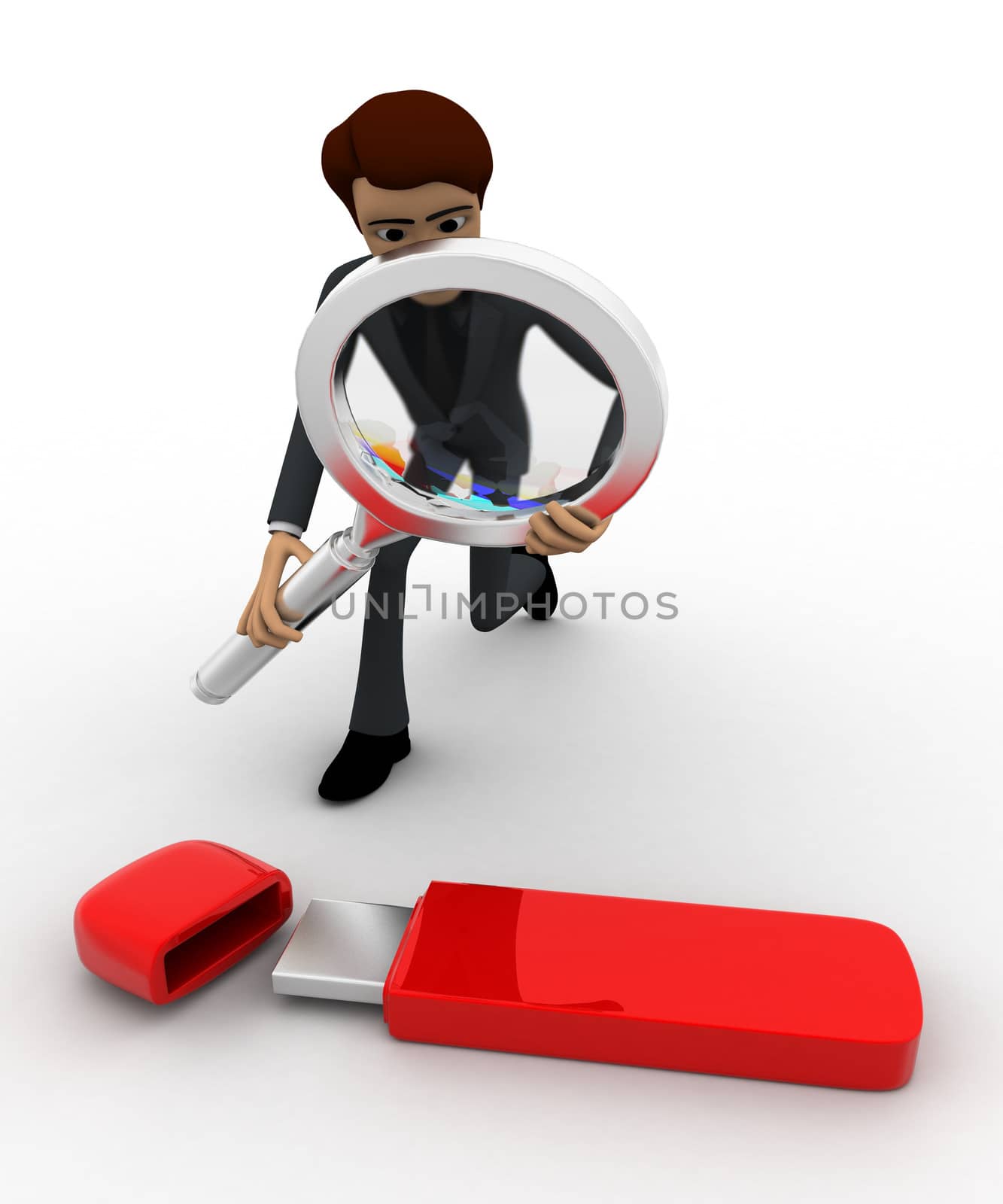 3d man examine usb pendrive using magnifying glass concept on white backgorund, front angle view