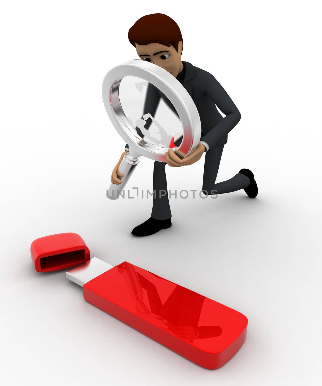 3d man examine usb pendrive using magnifying glass concept on white backgorund, side angle view