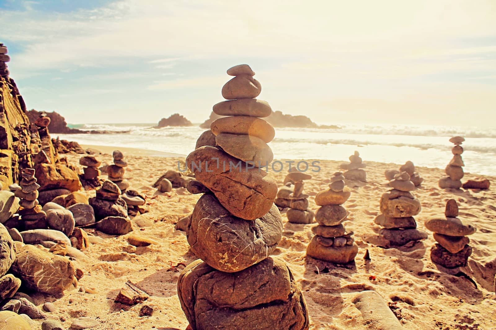 stone balancing at pfeiffer beach california USA