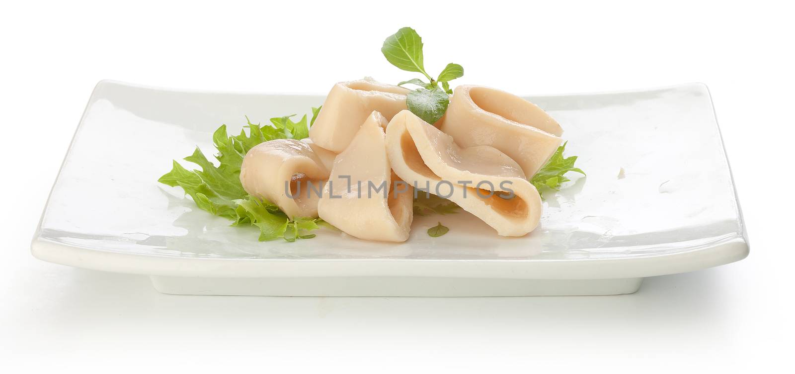 Some squid rings with fresh green lettuce and basil on the white plate