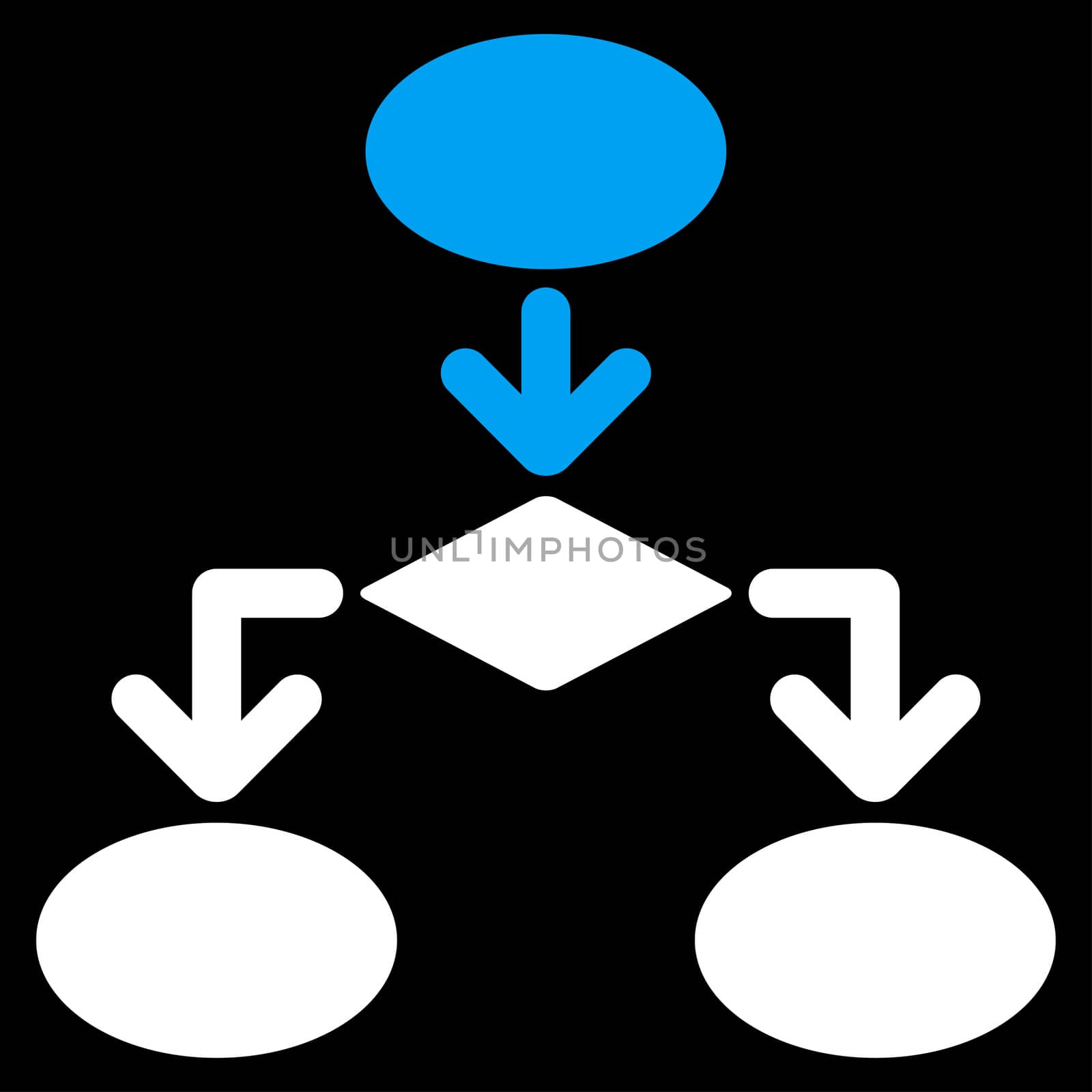 Flowchart icon from Commerce Set. Glyph style: bicolor flat symbol, blue and white colors, rounded angles, black background.