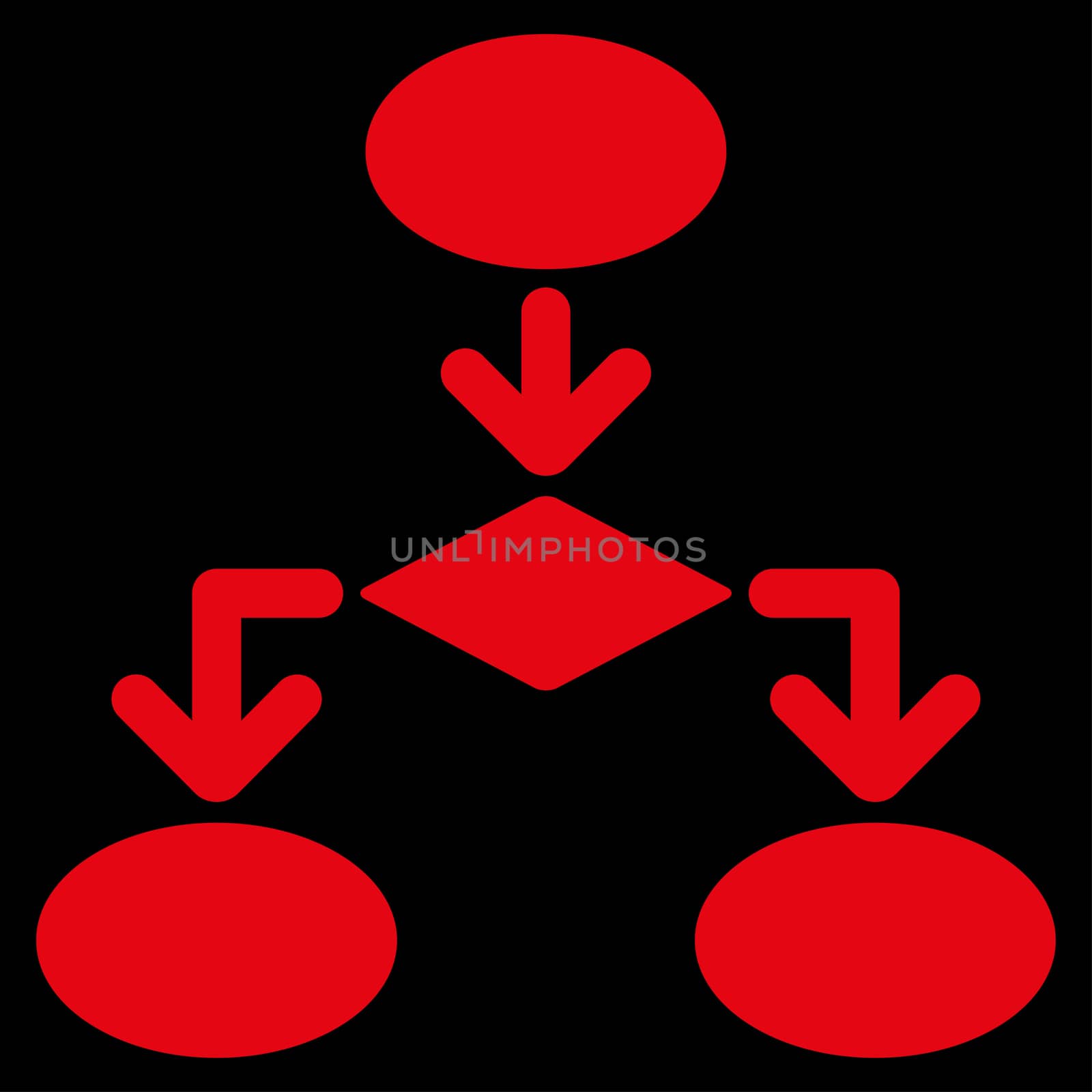 Flowchart icon from Commerce Set. Glyph style: flat symbol, red color, rounded angles, black background.