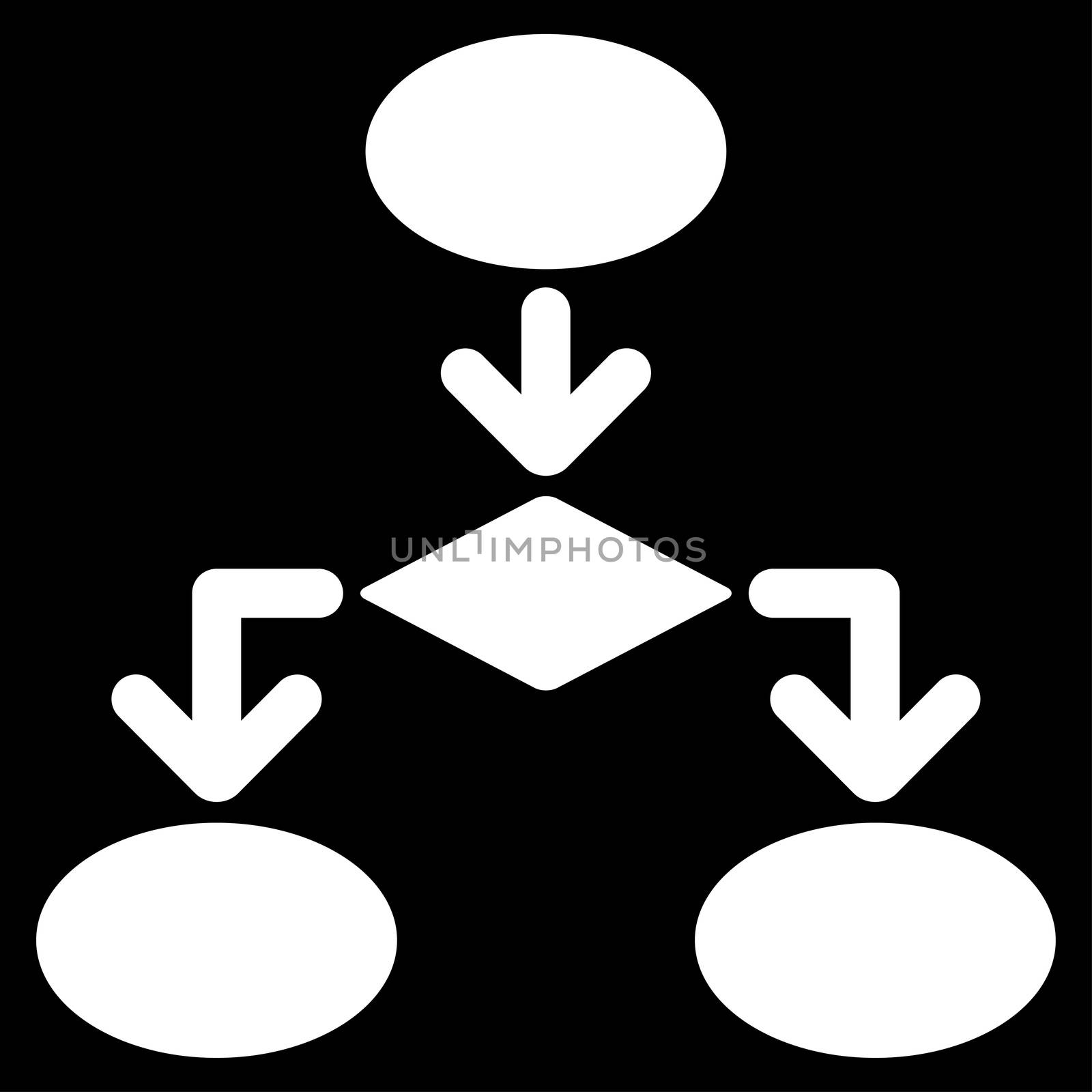 Flowchart icon from Commerce Set. Glyph style: flat symbol, white color, rounded angles, black background.