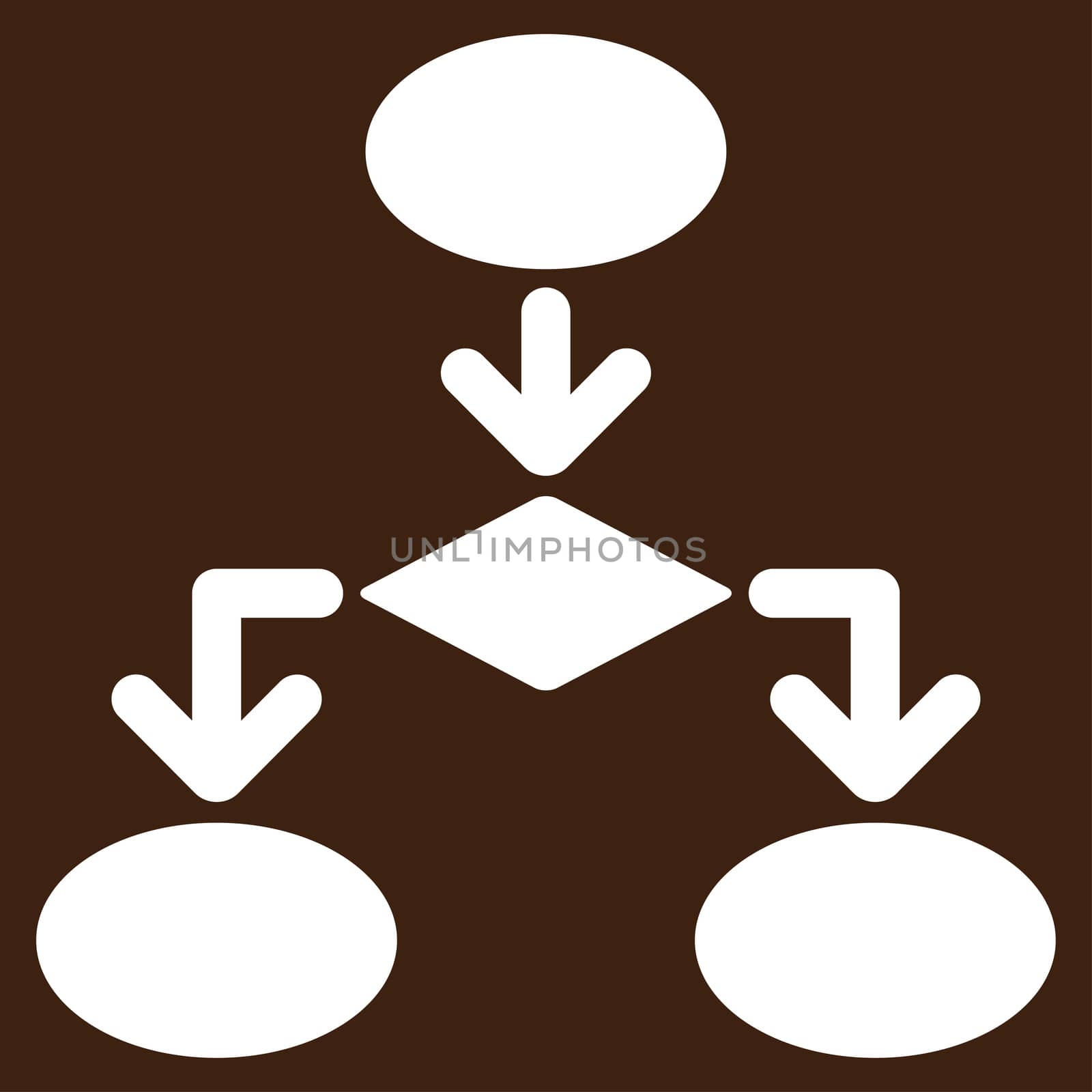 Flowchart icon from Commerce Set. Glyph style: flat symbol, white color, rounded angles, brown background.