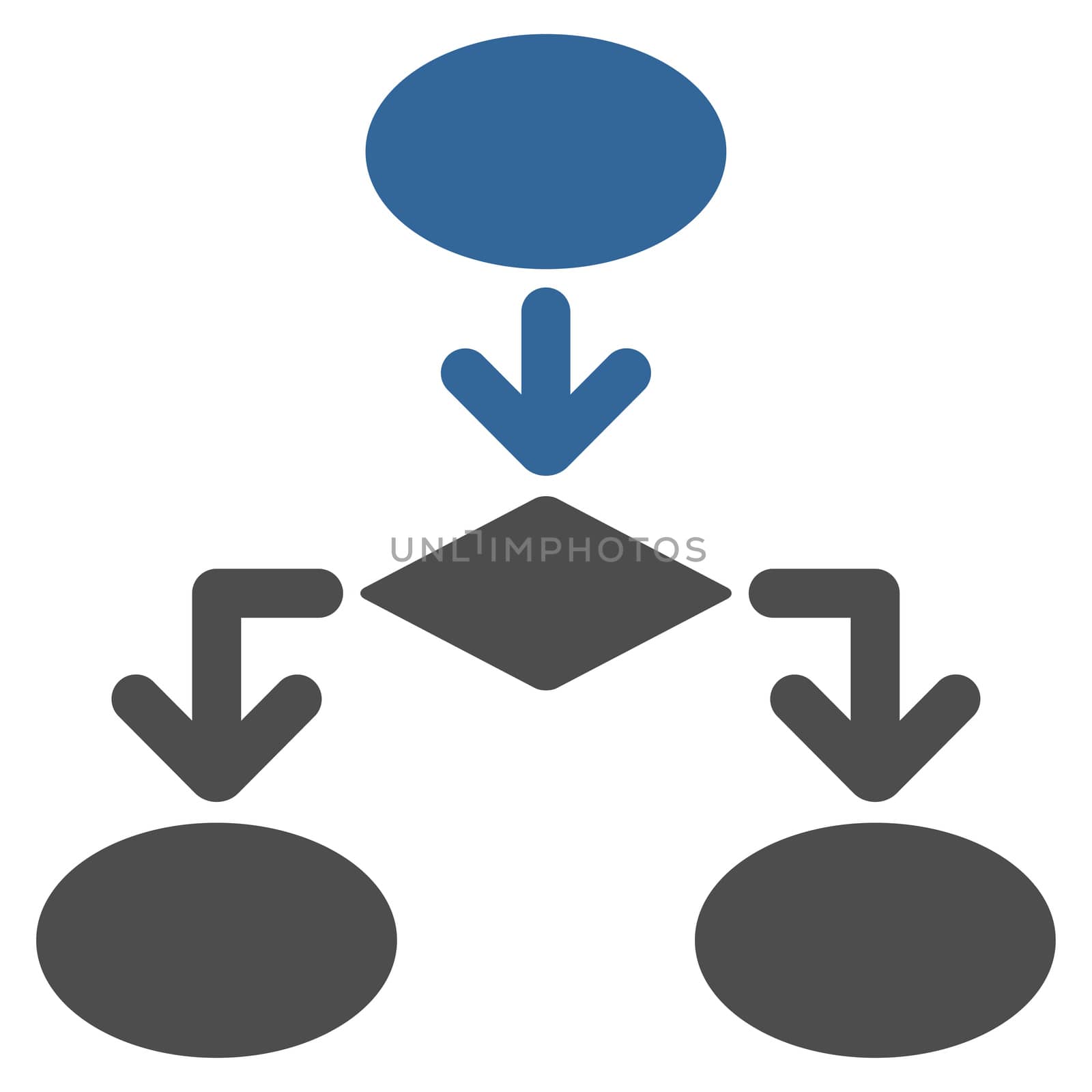 Flowchart icon from Commerce Set. Glyph style: bicolor flat symbol, cobalt and gray colors, rounded angles, white background.