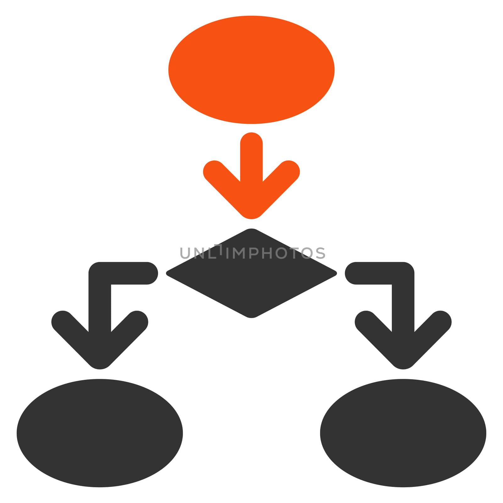 Flowchart icon from Commerce Set. Glyph style: bicolor flat symbol, orange and gray colors, rounded angles, white background.