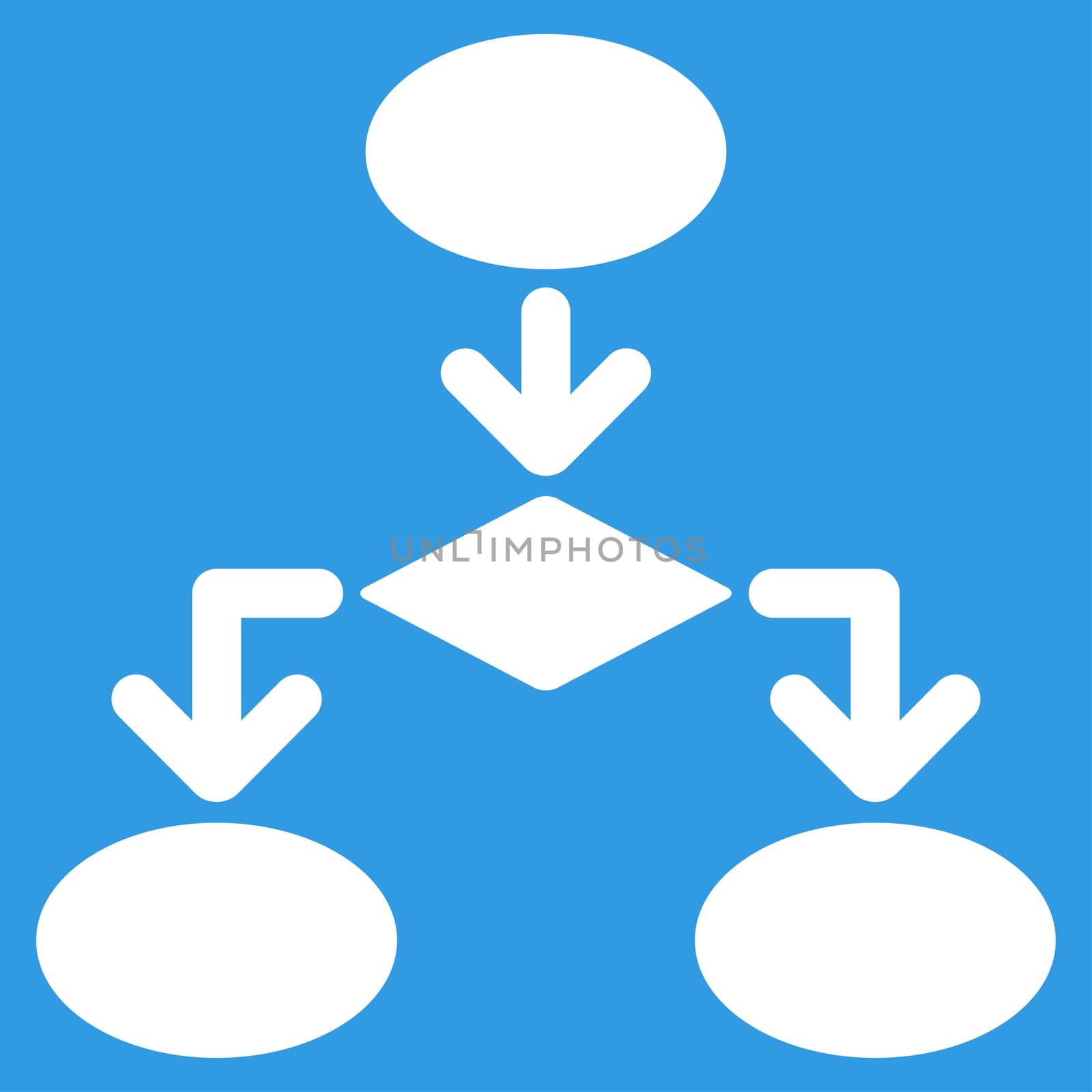 Flowchart icon from Commerce Set. Glyph style: flat symbol, white color, rounded angles, blue background.