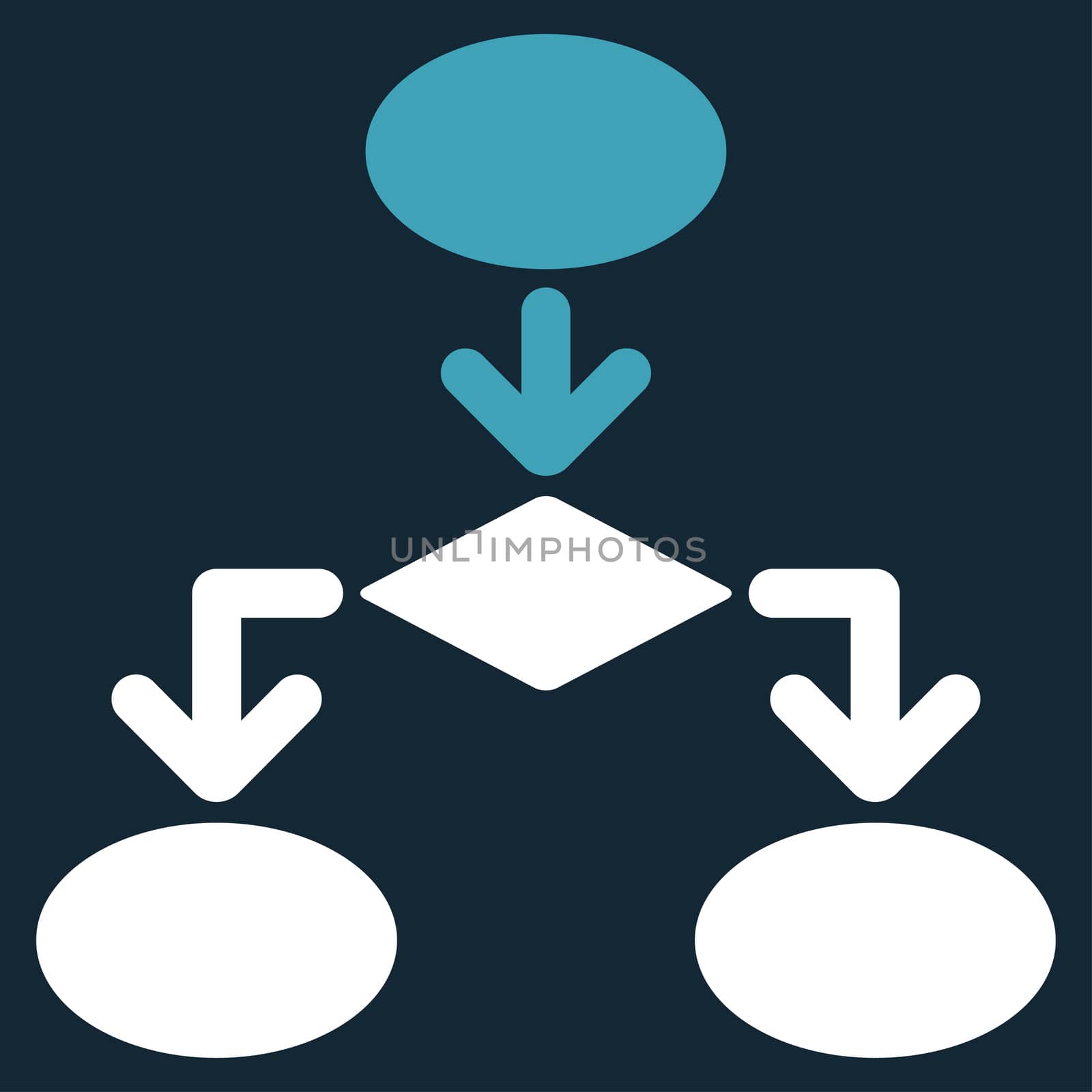 Flowchart icon from Commerce Set. Glyph style: bicolor flat symbol, blue and white colors, rounded angles, dark blue background.