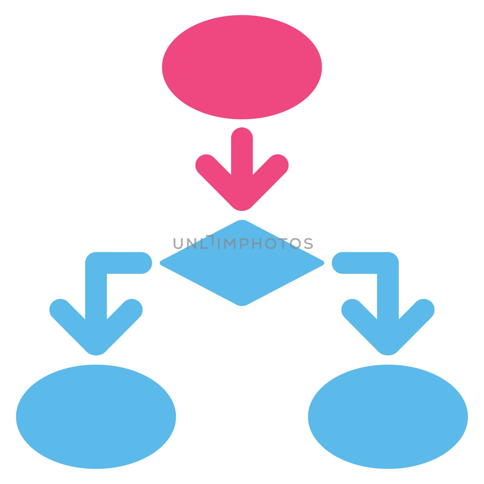 Flowchart icon from Commerce Set. Glyph style: bicolor flat symbol, pink and blue colors, rounded angles, white background.