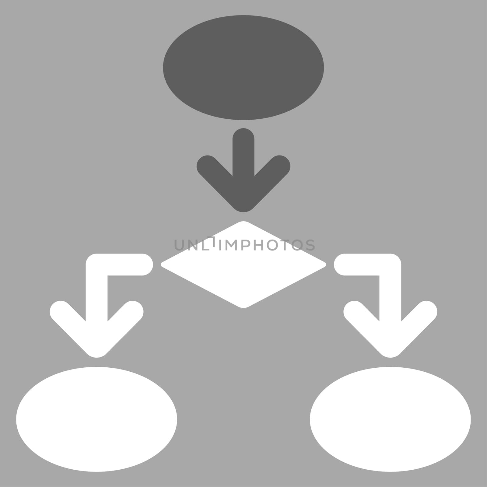 Flowchart icon from Commerce Set. Glyph style: bicolor flat symbol, dark gray and white colors, rounded angles, silver background.