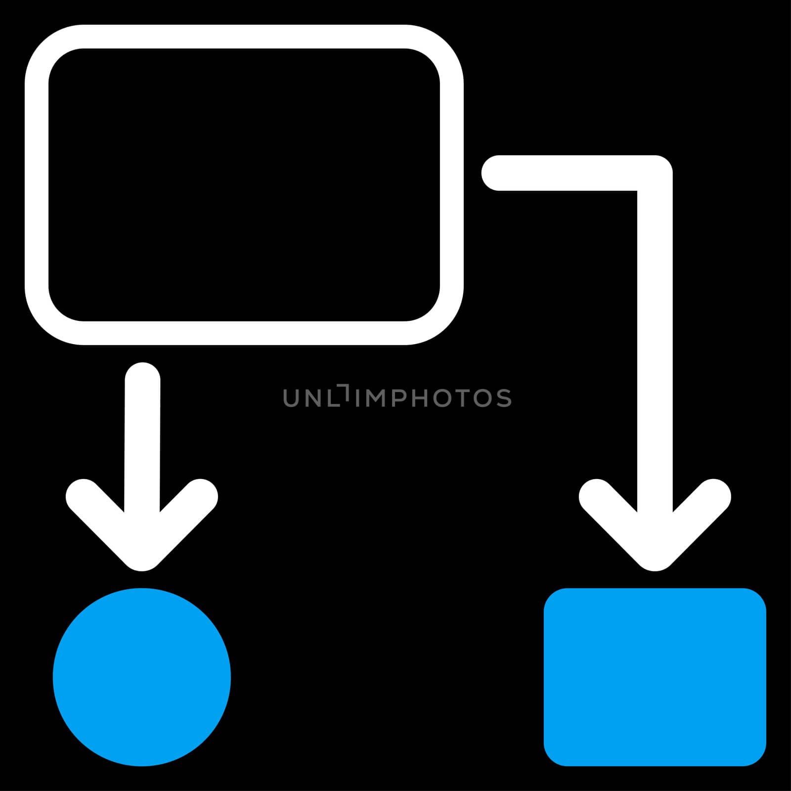 Scheme icon from Commerce Set. Glyph style: bicolor flat symbol, blue and white colors, rounded angles, black background.