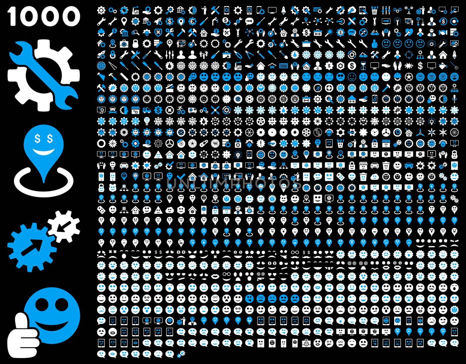 1000 tools, gears, smiles, map markers, mobile icons. Glyph set style: bicolor flat images, blue and white symbols, isolated on a black background.