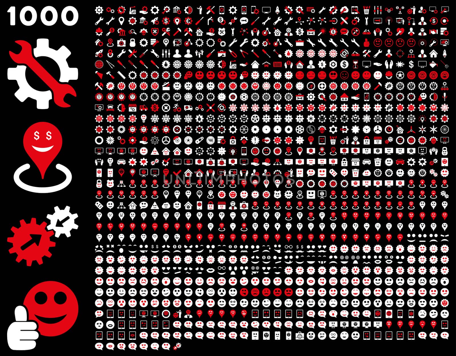 1000 tools, gears, smiles, map markers, mobile icons. Glyph set style: bicolor flat images, red and white symbols, isolated on a black background.
