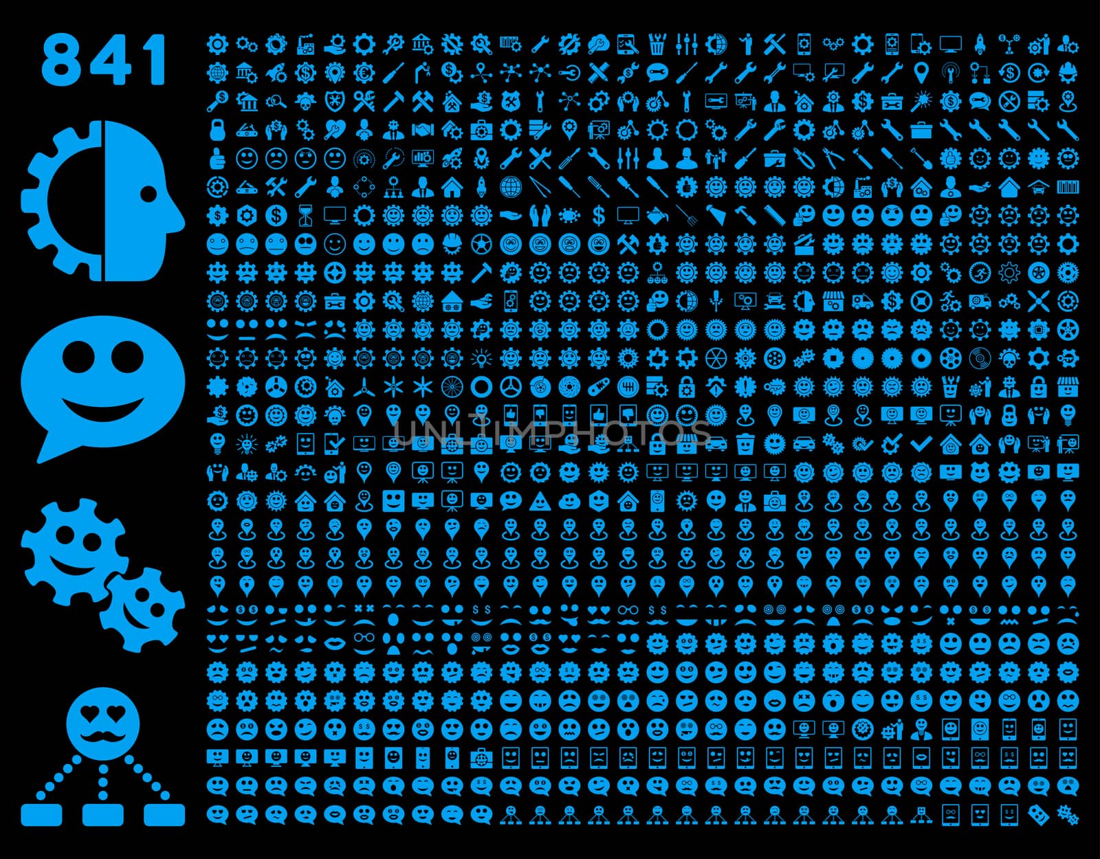 841 smile, tool, gear, map markers, mobile icons. Glyph set style: flat images, blue symbols, isolated on a black background.