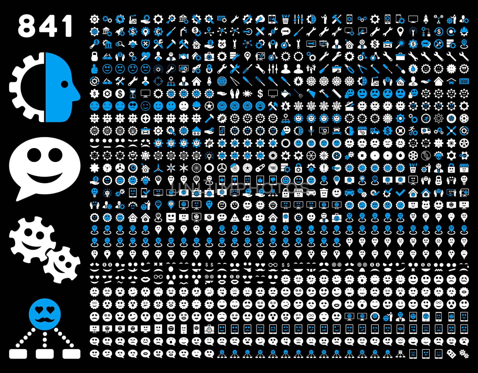 841 smile, tool, gear, map markers, mobile icons. Glyph set style: bicolor flat images, blue and white symbols, isolated on a black background.