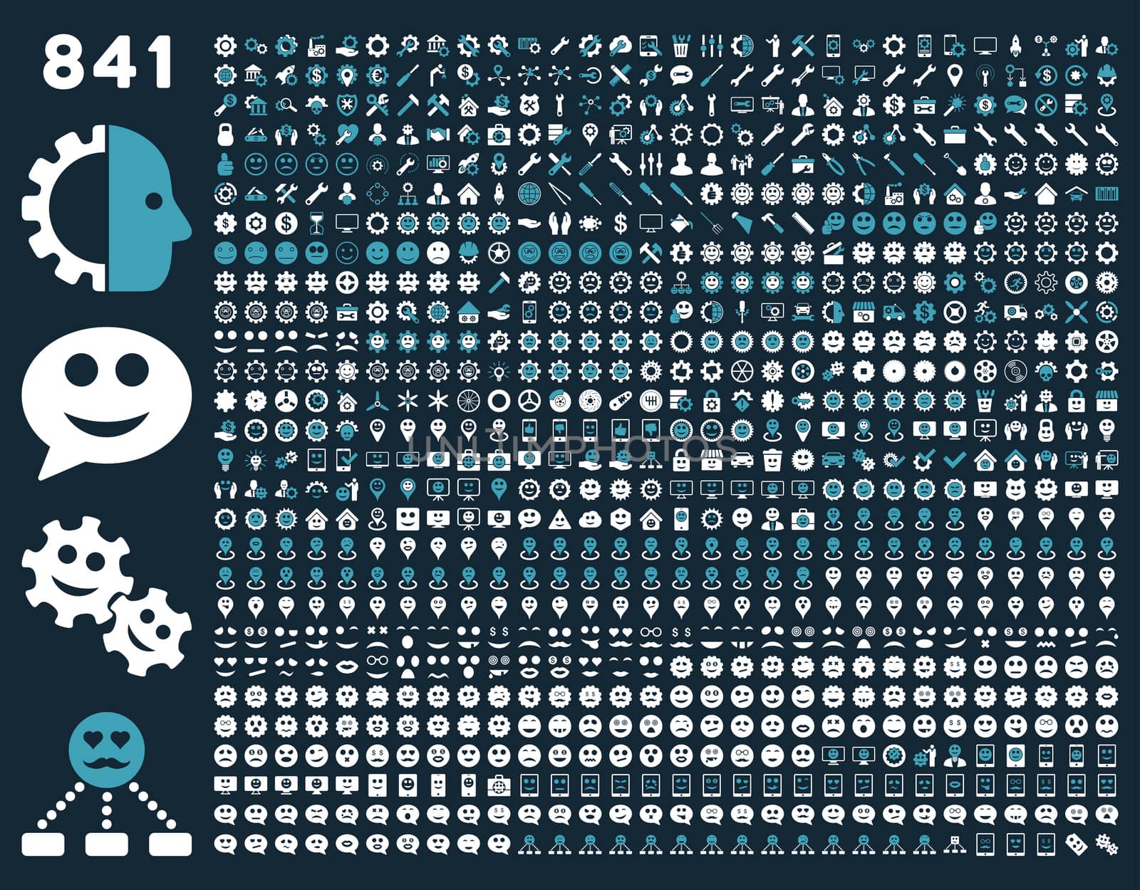 841 smile, tool, gear, map markers, mobile icons. Glyph set style: bicolor flat images, blue and white symbols, isolated on a dark blue background.