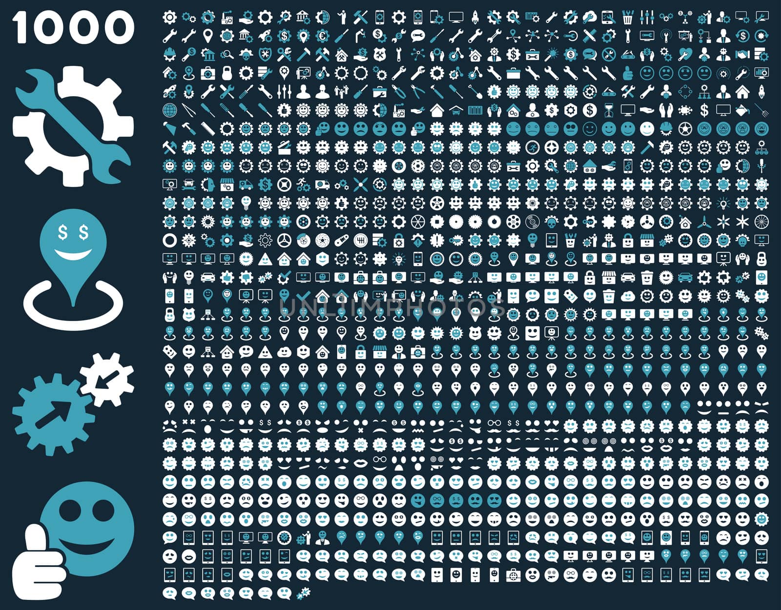 1000 tools, gears, smiles, map markers, mobile icons. Glyph set style: bicolor flat images, blue and white symbols, isolated on a dark blue background.