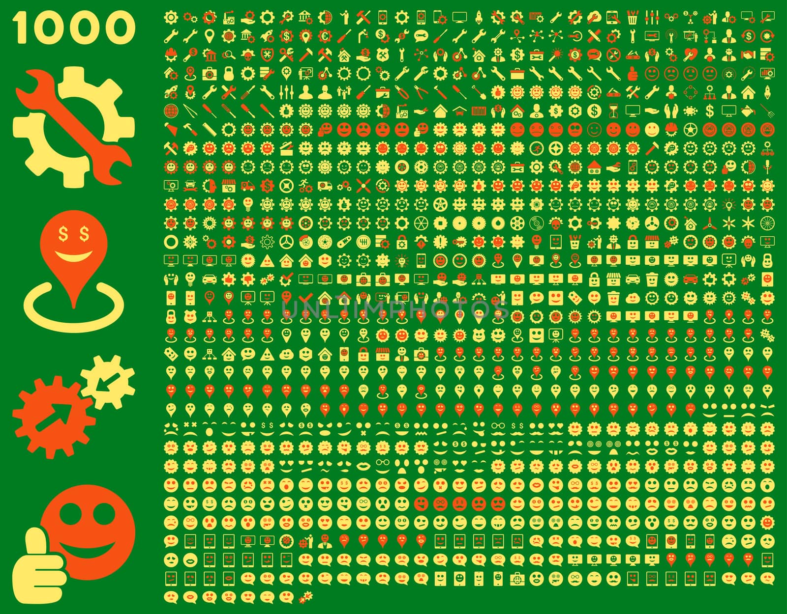 1000 tools, gears, smiles, map markers, mobile icons. Glyph set style: bicolor flat images, orange and yellow symbols, isolated on a green background.