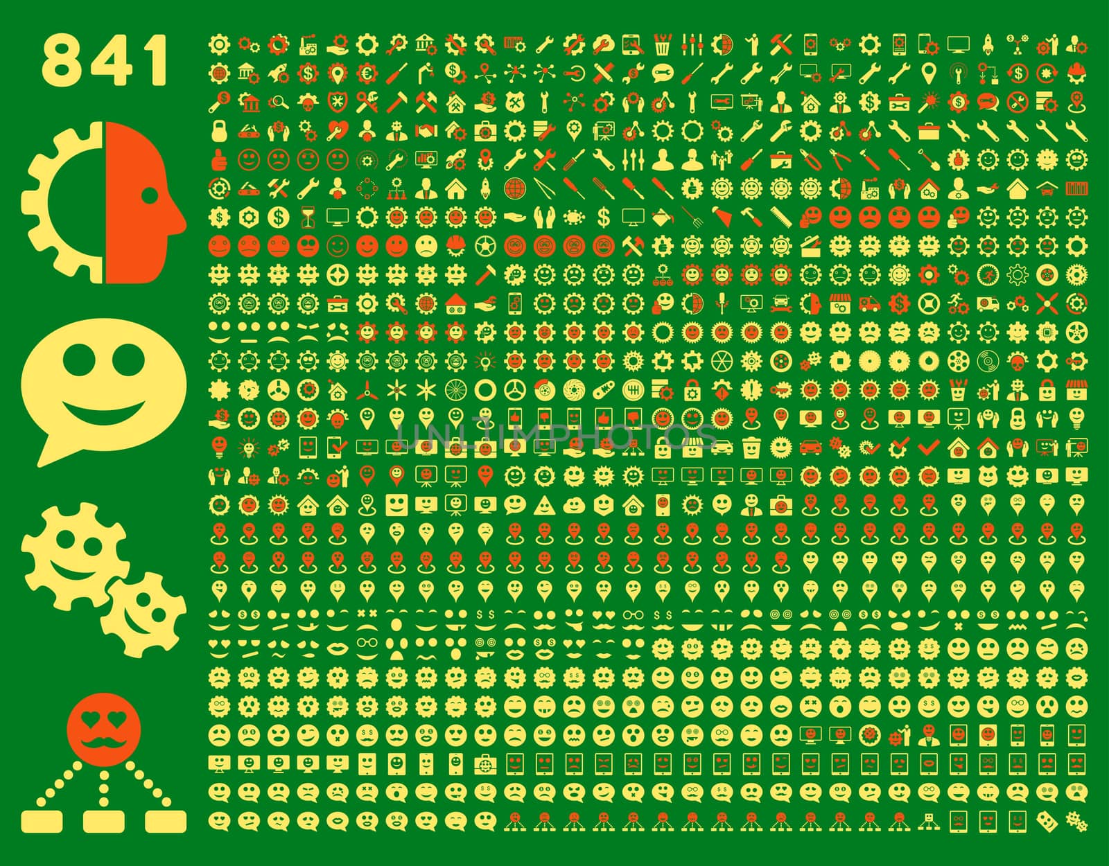 841 smile, tool, gear, map markers, mobile icons. Glyph set style: bicolor flat images, orange and yellow symbols, isolated on a green background.