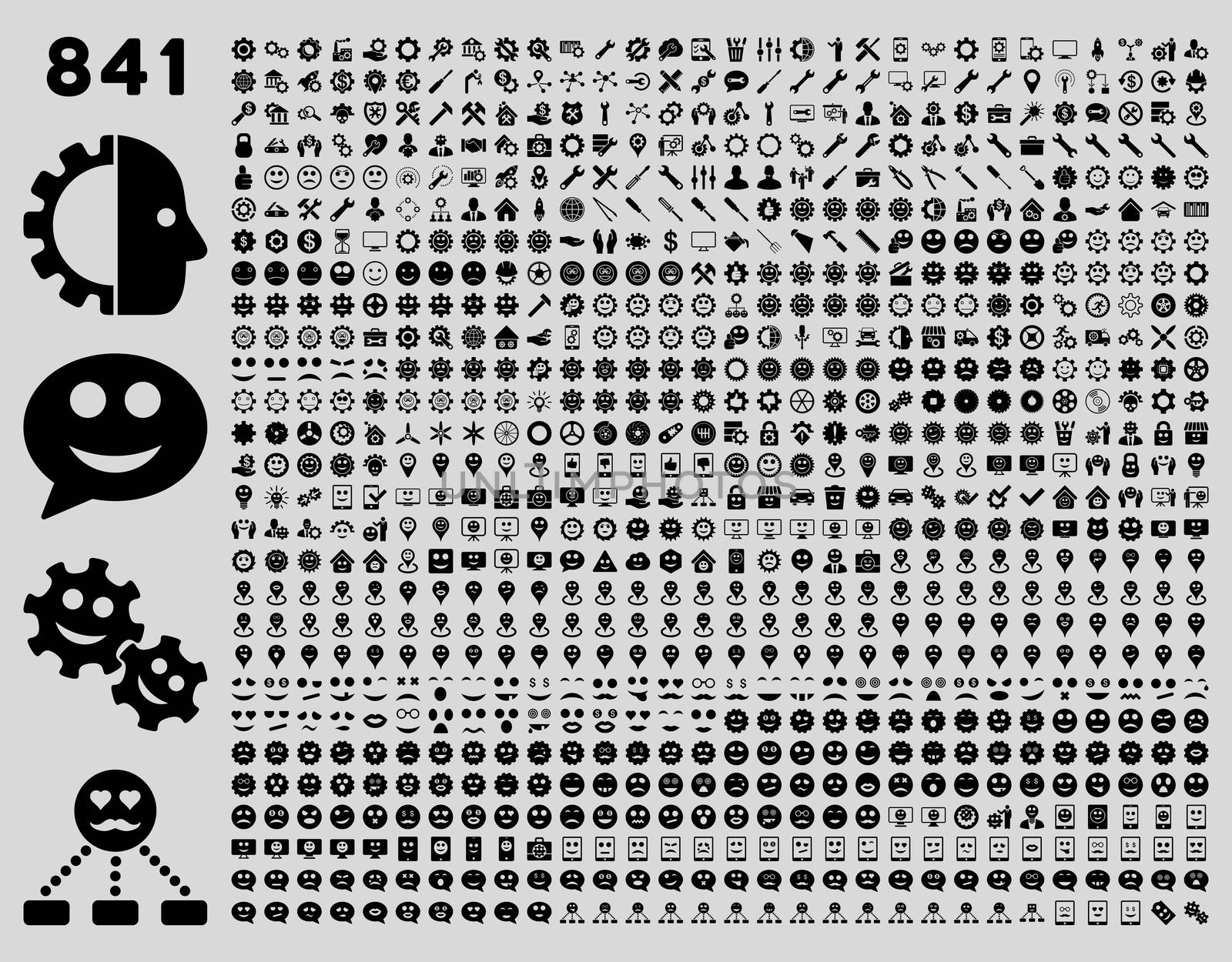 841 smile, tool, gear, map markers, mobile icons. Glyph set style: flat images, black symbols, isolated on a light gray background.