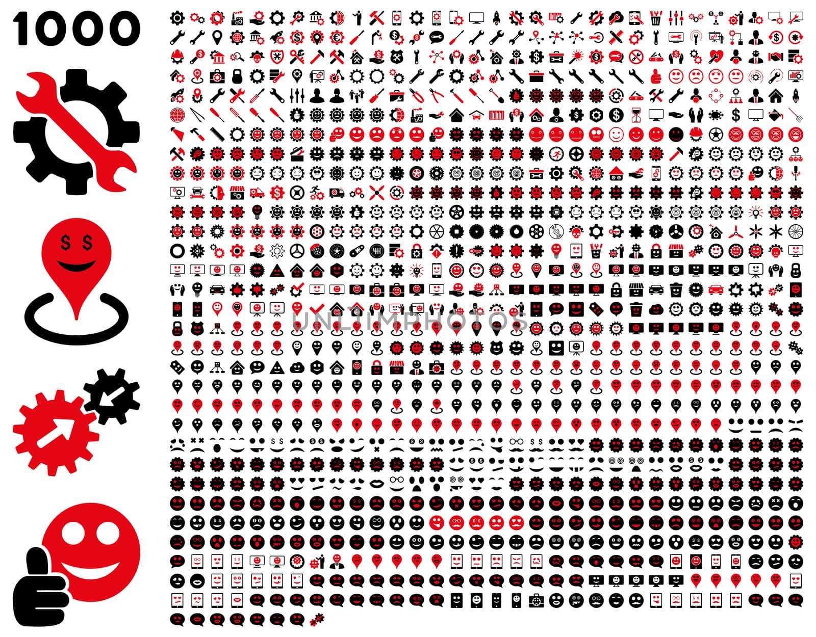 1000 tools, gears, smiles, map markers, mobile icons. Glyph set style: bicolor flat images, intensive red and black symbols, isolated on a white background.