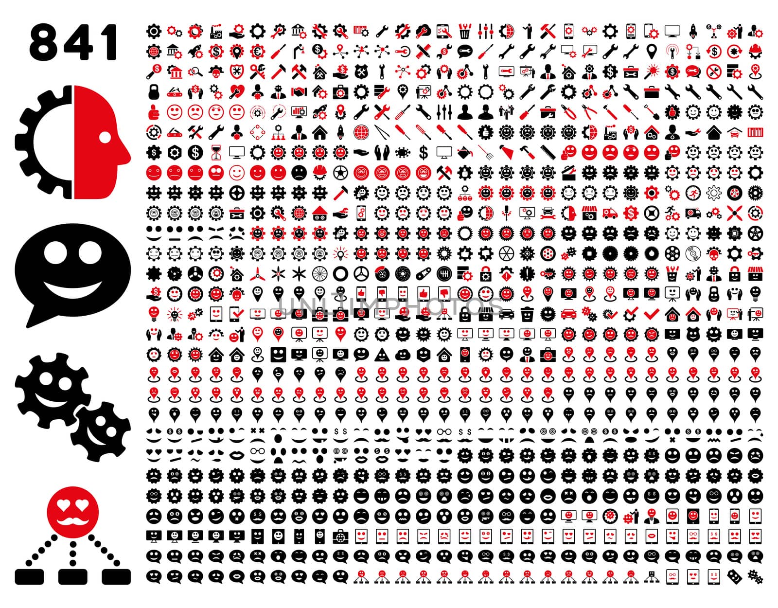 841 smile, tool, gear, map markers, mobile icons. Glyph set style: bicolor flat images, intensive red and black symbols, isolated on a white background.