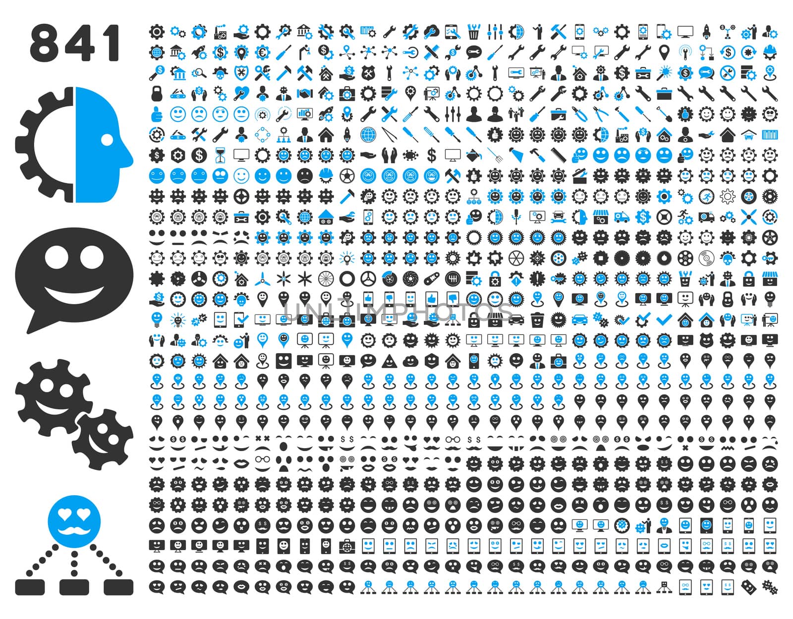 841 smile, tool, gear, map markers, mobile icons. Glyph set style: bicolor flat images, blue and gray symbols, isolated on a white background.