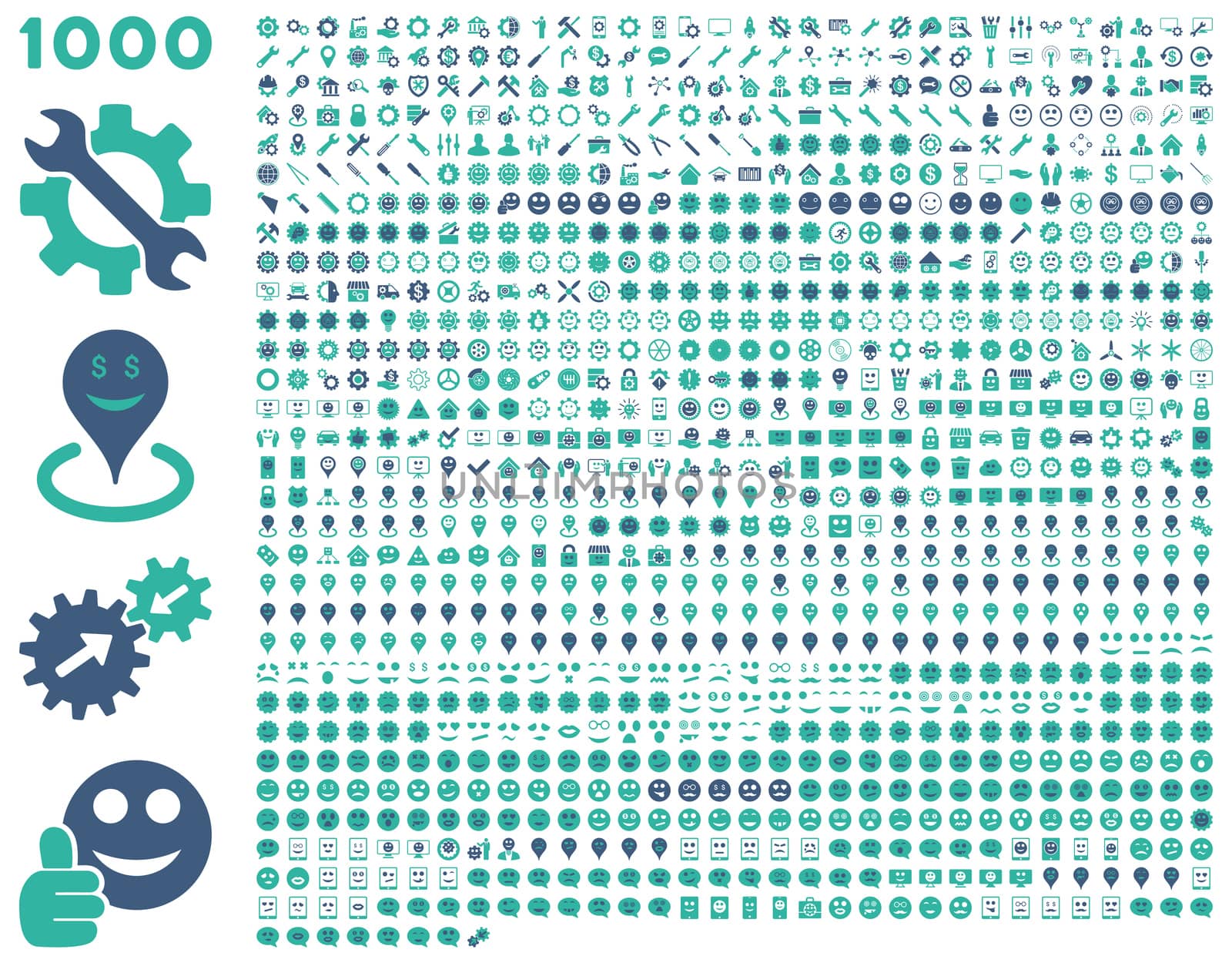 1000 tools, gears, smiles, map markers, mobile icons. Glyph set style: bicolor flat images, cobalt and cyan symbols, isolated on a white background.