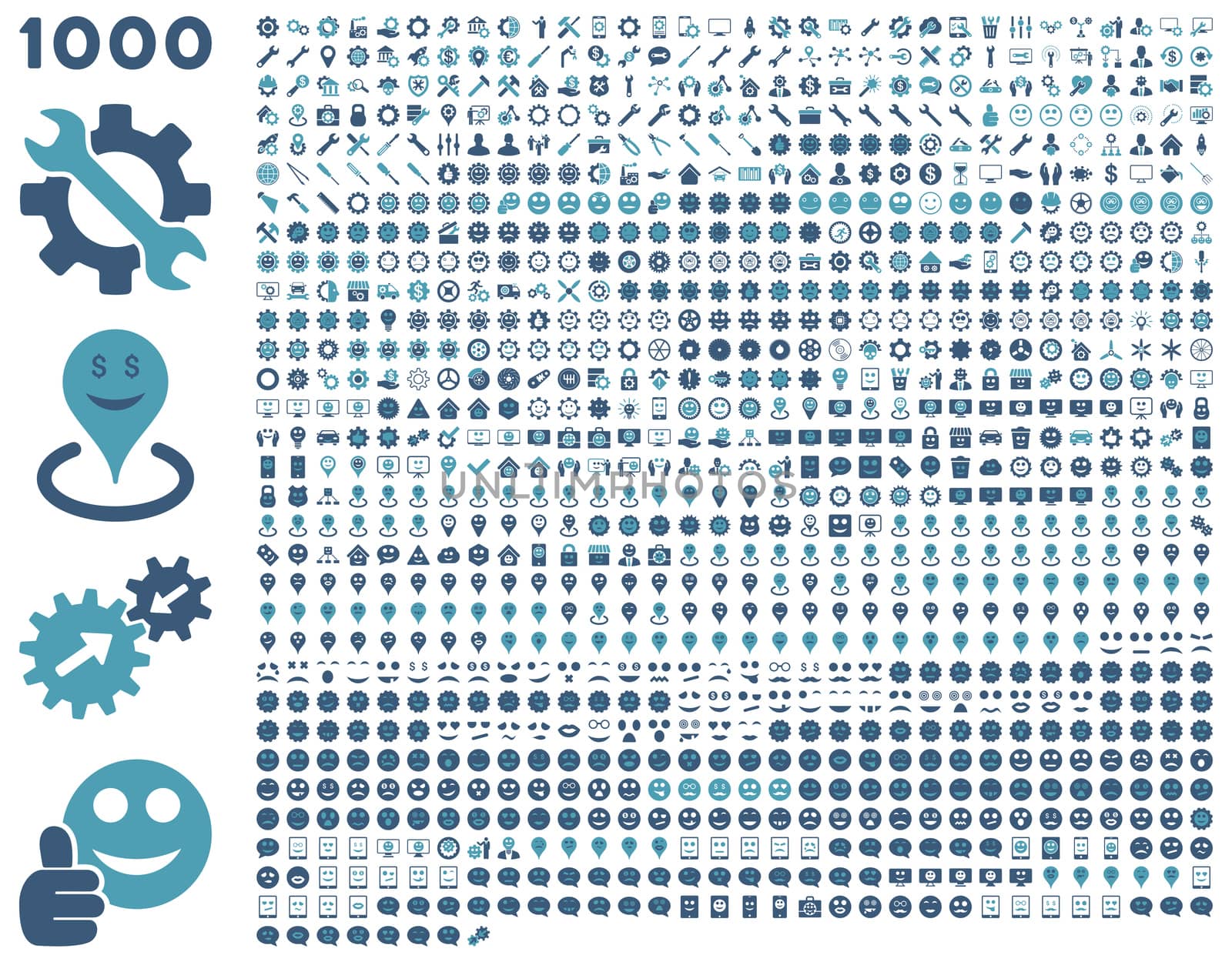 1000 tools, gears, smiles, map markers, mobile icons. Glyph set style: bicolor flat images, cyan and blue symbols, isolated on a white background.