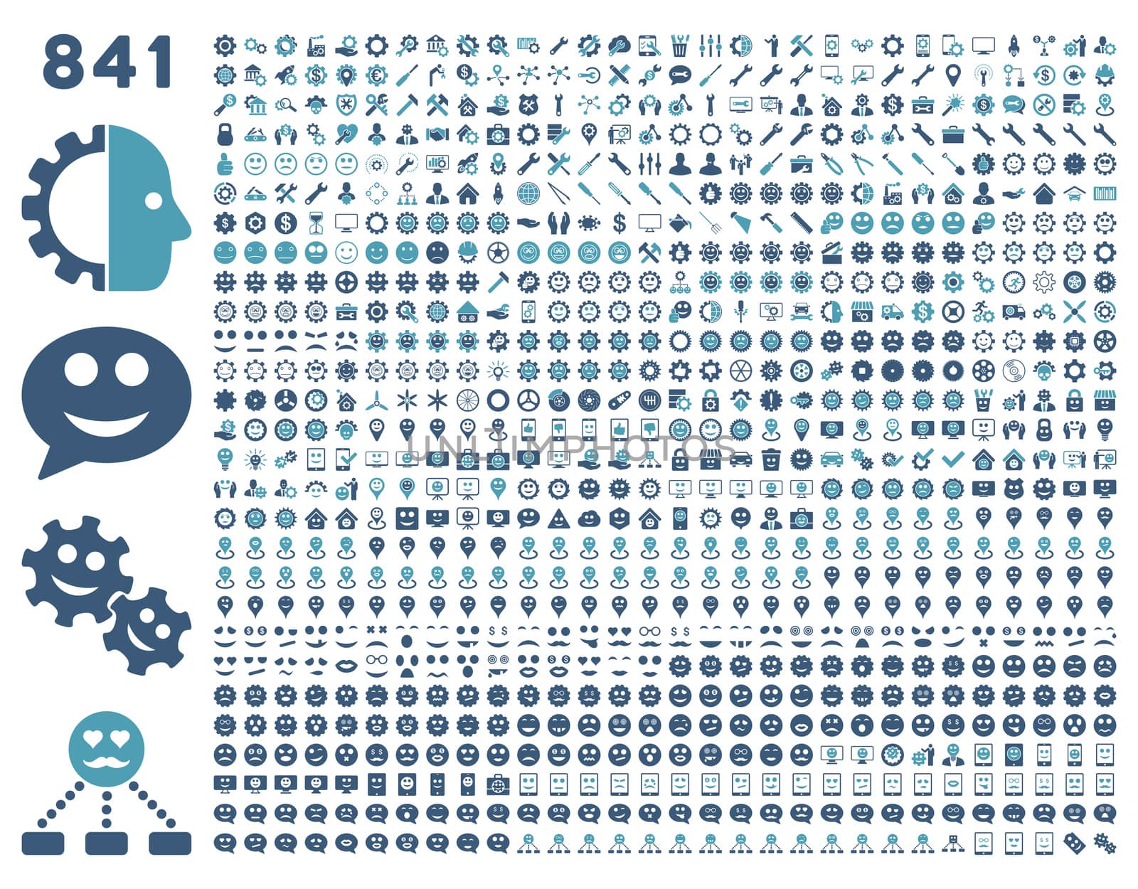 841 smile, tool, gear, map markers, mobile icons. Glyph set style: bicolor flat images, cyan and blue symbols, isolated on a white background.